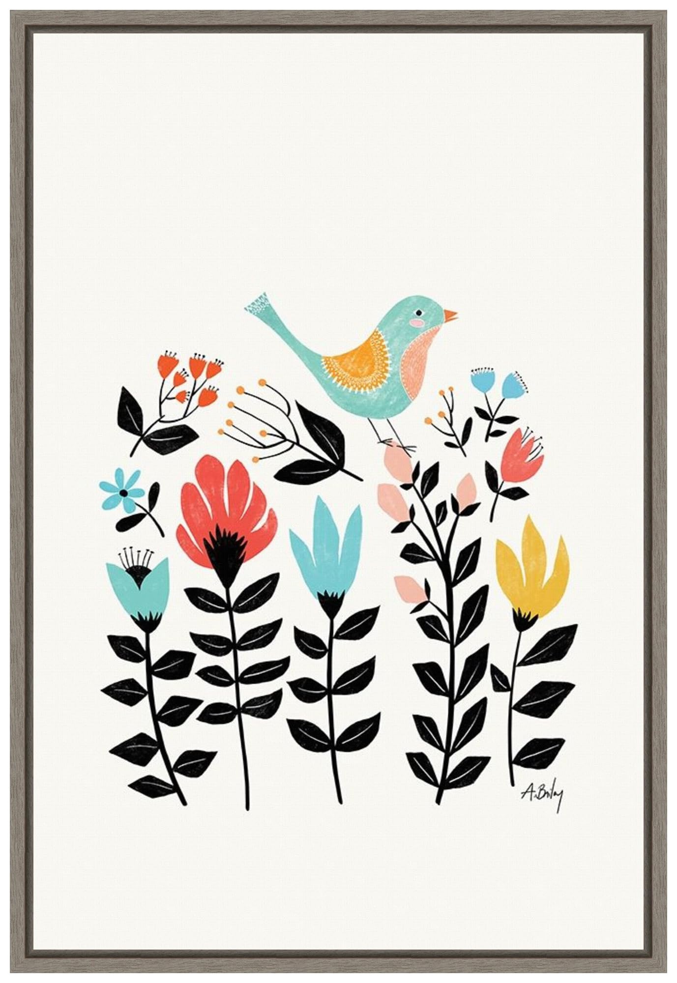 Amanti Art Framed Canvas Wall Art 33x23 - Folk Art Garden (Bird) by Annie Bailey - Rustic Country Decor - Animal Artwork for Living Room & Bedroom - Perfect for Farmhouse & Cottage Style Homes