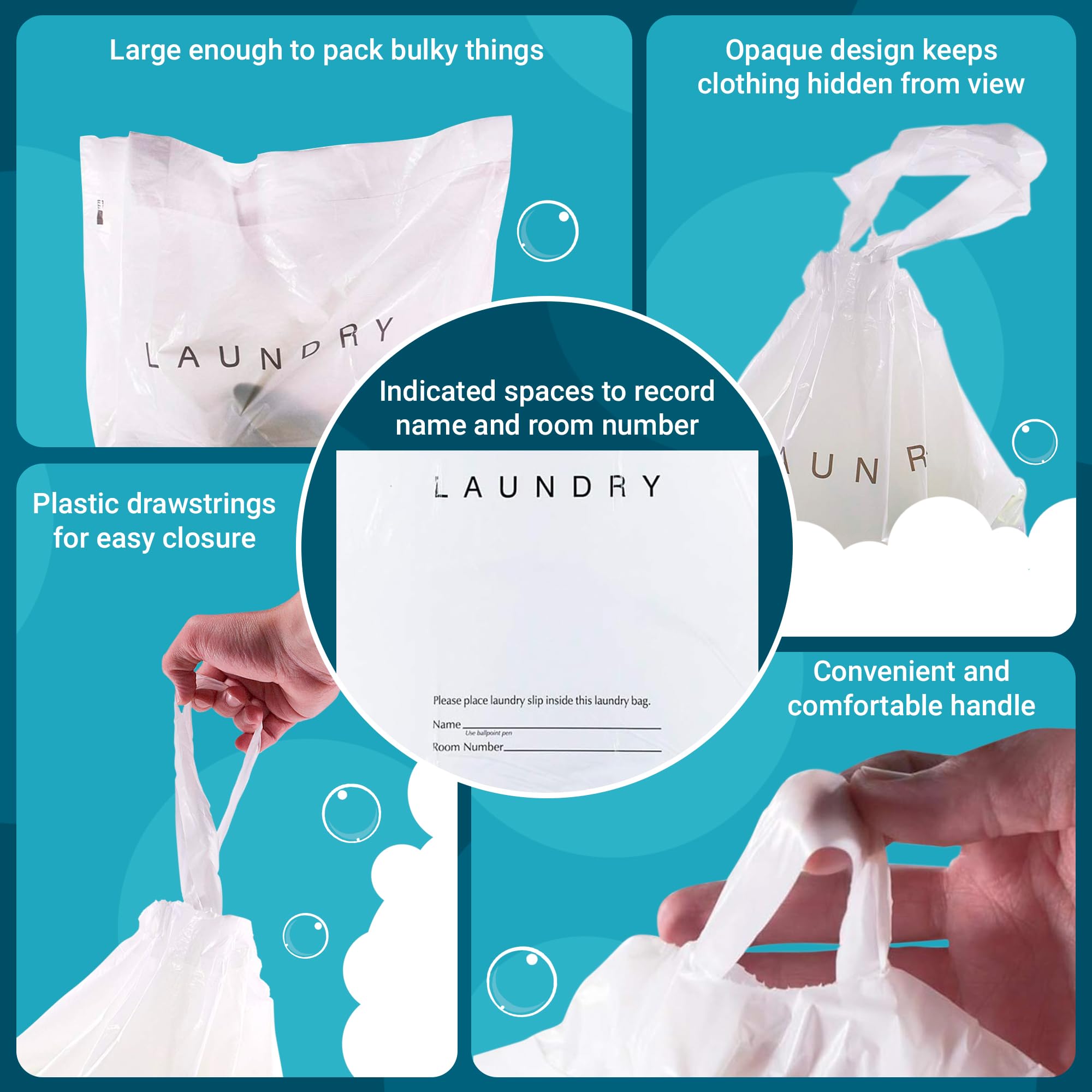 1000 Pack Disposable Travel Laundry Bags - 18x19x4 Inch White Hotel Plastic Bags for Dirty Clothes, 0.9 Mil Semi-Translucent Drawstring Bags with Write-On Block - Perfect for Hotels, Hospitals, Gyms & Travel Organization