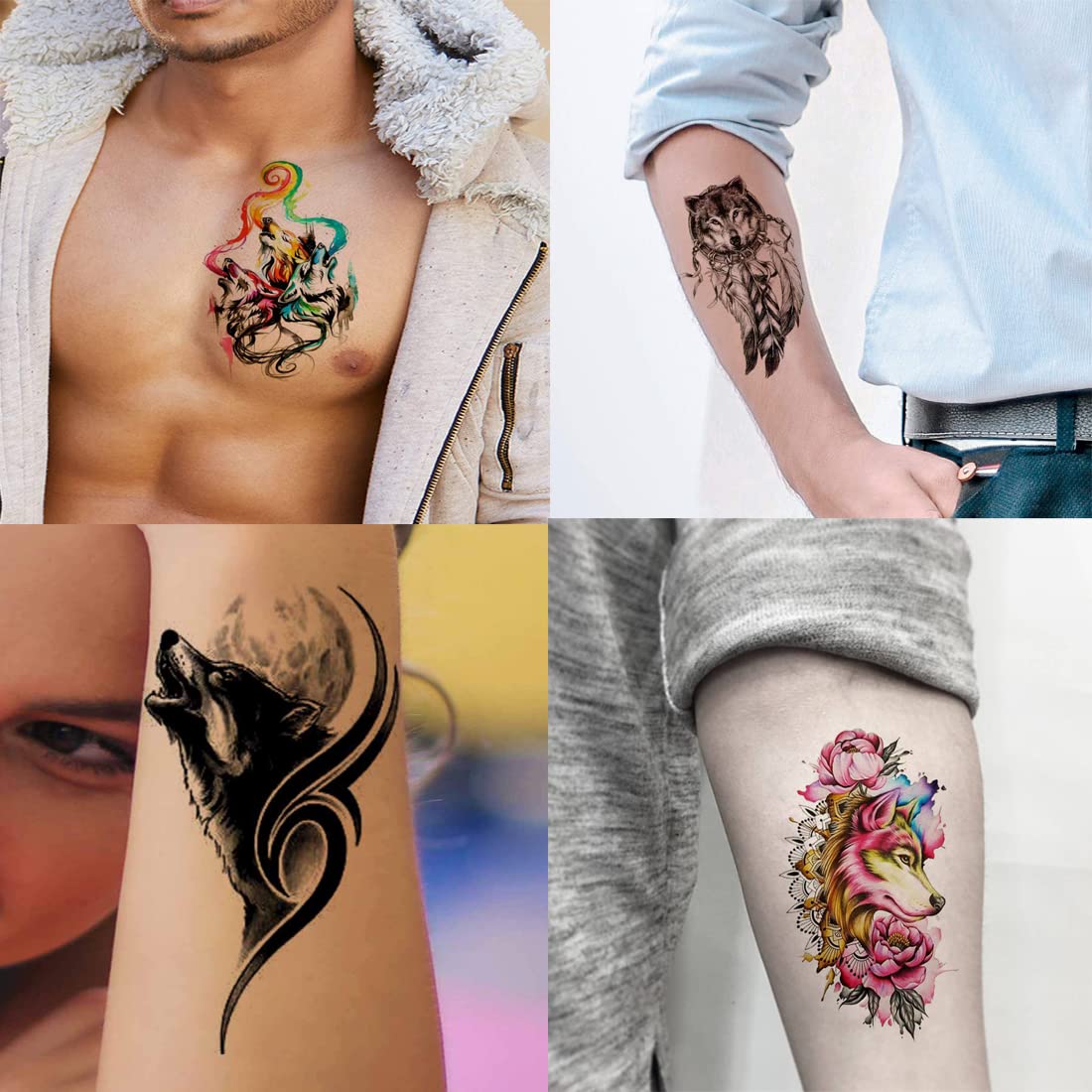 Wolf & Tribal Dog Temporary Tattoos for Men & Women - 4-Pack Multicolor Body Art Stickers (2x4 Inch) | Perfect for Parties, Festivals & Costume Events