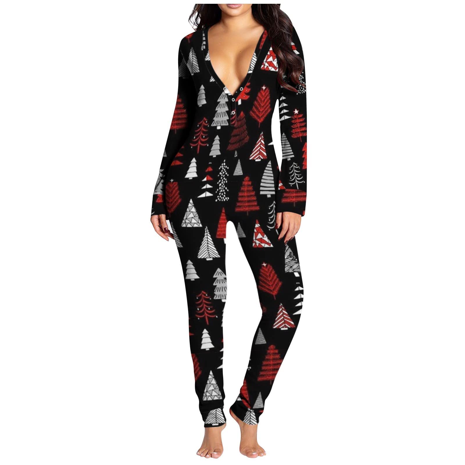 PIMOXV Women's Christmas Print Onesie Pajamas with Butt Flap & Snap Buttons - Cute Y2K Romper Sleepwear for Holiday Parties & Cozy Nights