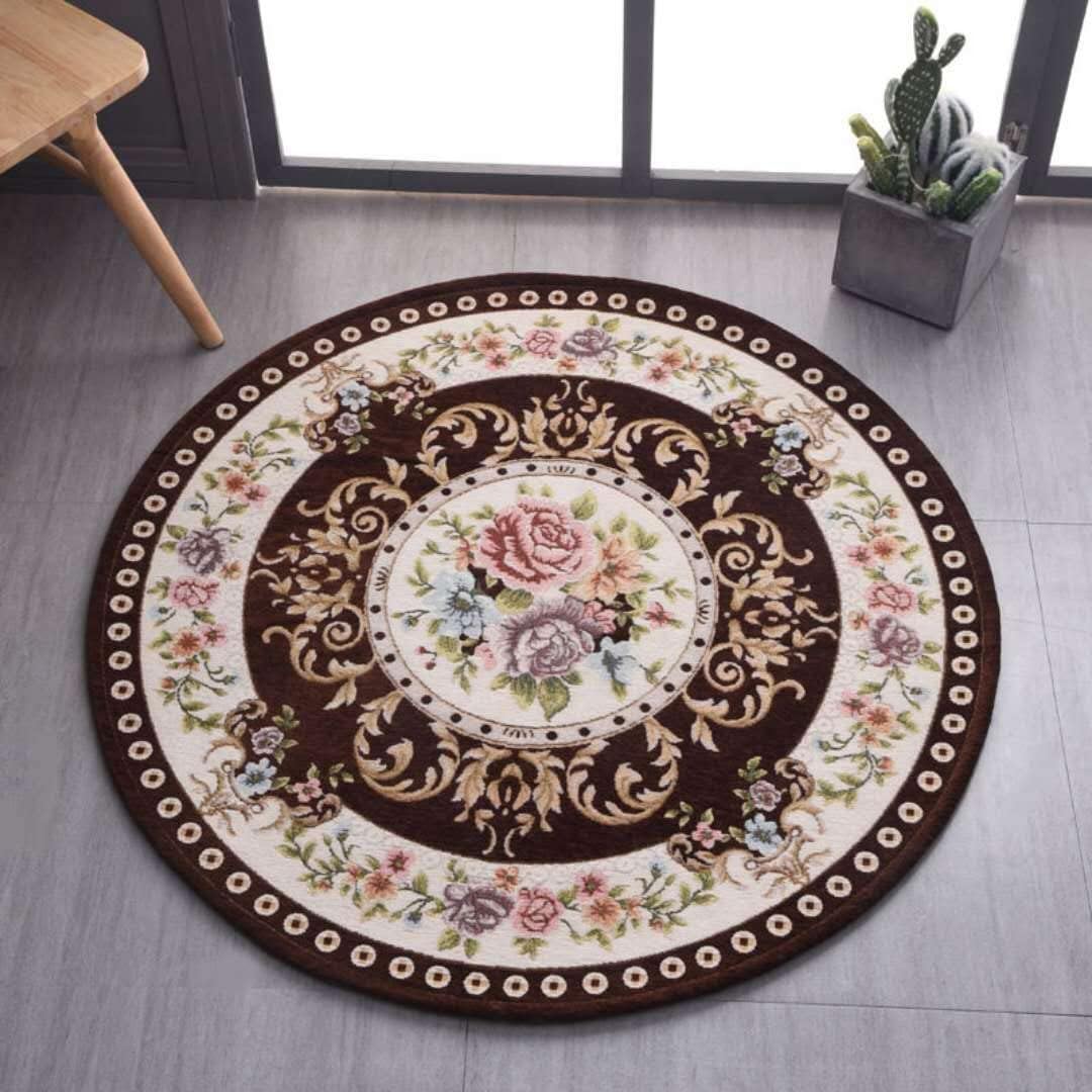 5ft Floral Round Area Rug - Non-Slip Machine Washable Traditional Rug for Living Room, Bedroom & Kitchen - Sustainable Classic Home Decor - Brown Soft Floor Mat for Cozy Interior Design