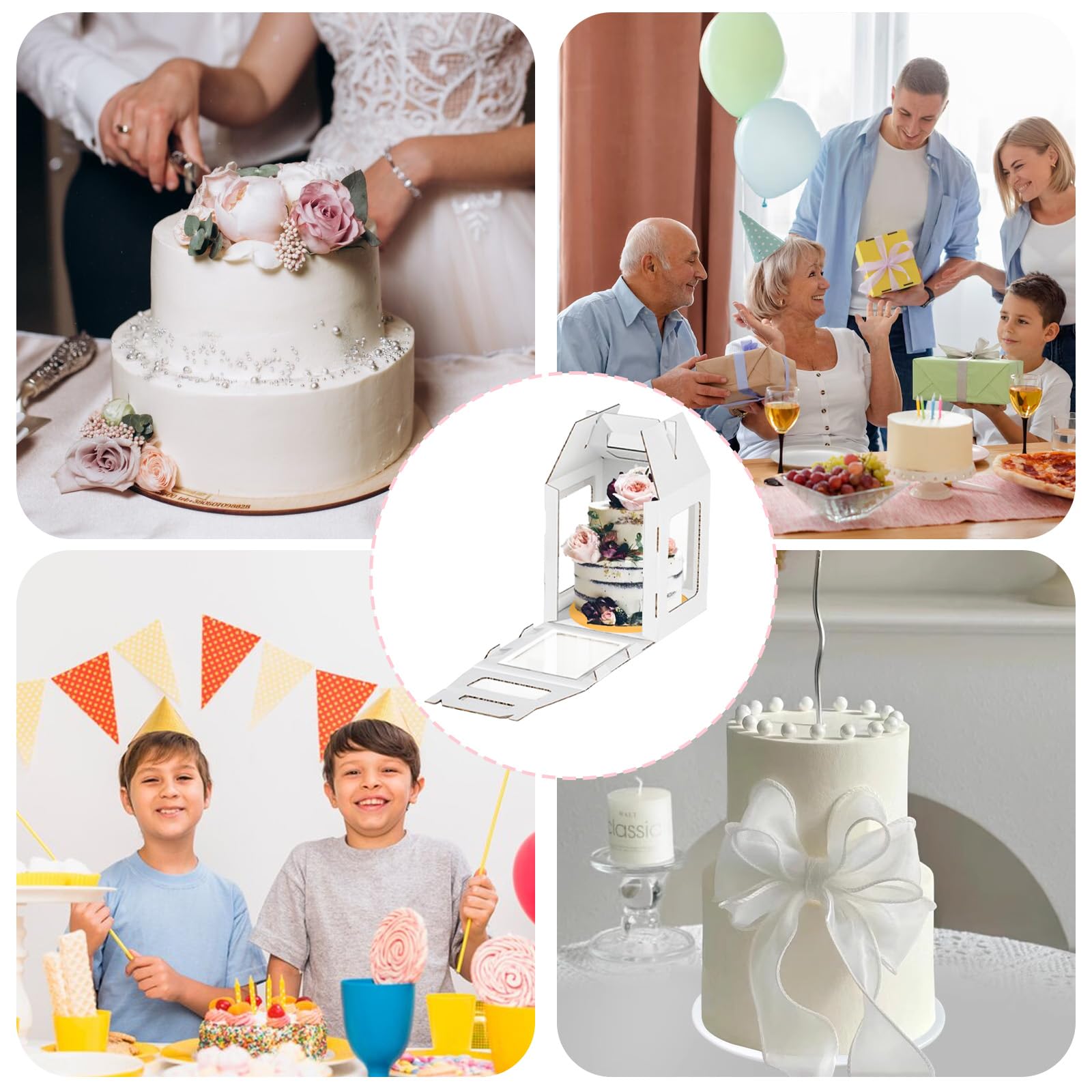 Yeplan 2-Pack 10x10x12 Inch Tall Cake Boxes with Cake Board - Clear Window Tiered Cake Carrier with Handle for Birthday, Wedding & Party - Perfect for Professional Baking, Dessert Transport & Special Occasions