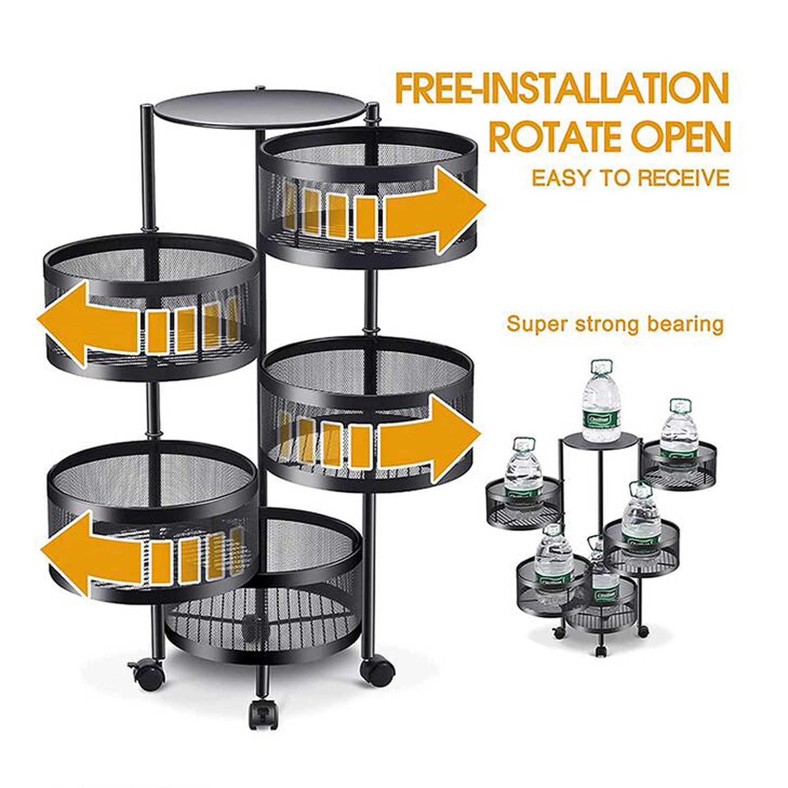 Rotating Kitchen Storage Rack - 4-Tier Black Spinning Organizer for Fruits, Vegetables & Household Items | Space-Saving Solution for Kitchen, Pantry & Bathroom | Perfect for Small Spaces & Clutter-Free Organization