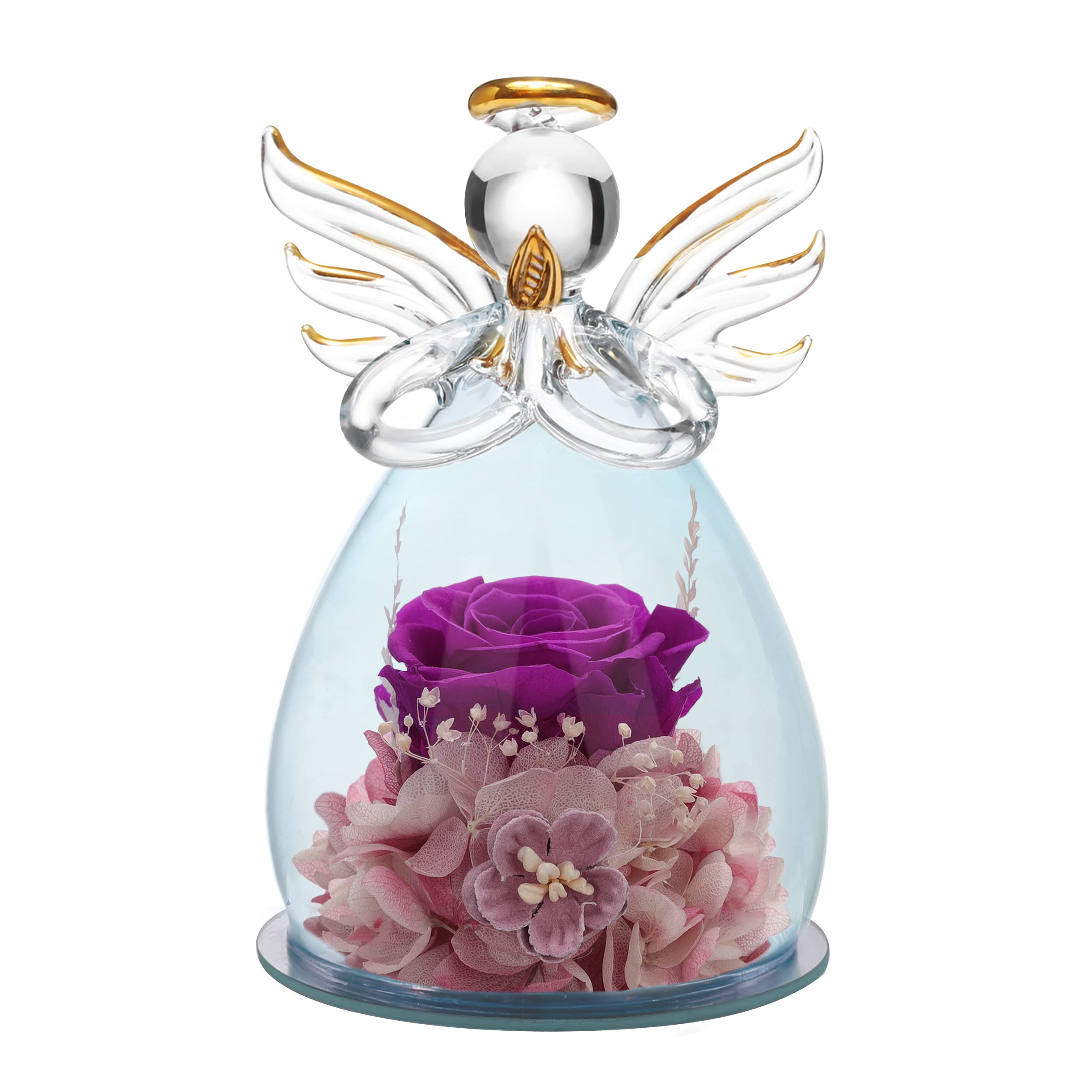 ANLUNOB Preserved Rose Glass Angel Figurine - Purple Flower Keepsake Gift for Women, Mom, Grandma, Wife - Perfect for Anniversaries, Weddings, Birthdays & Home Decor