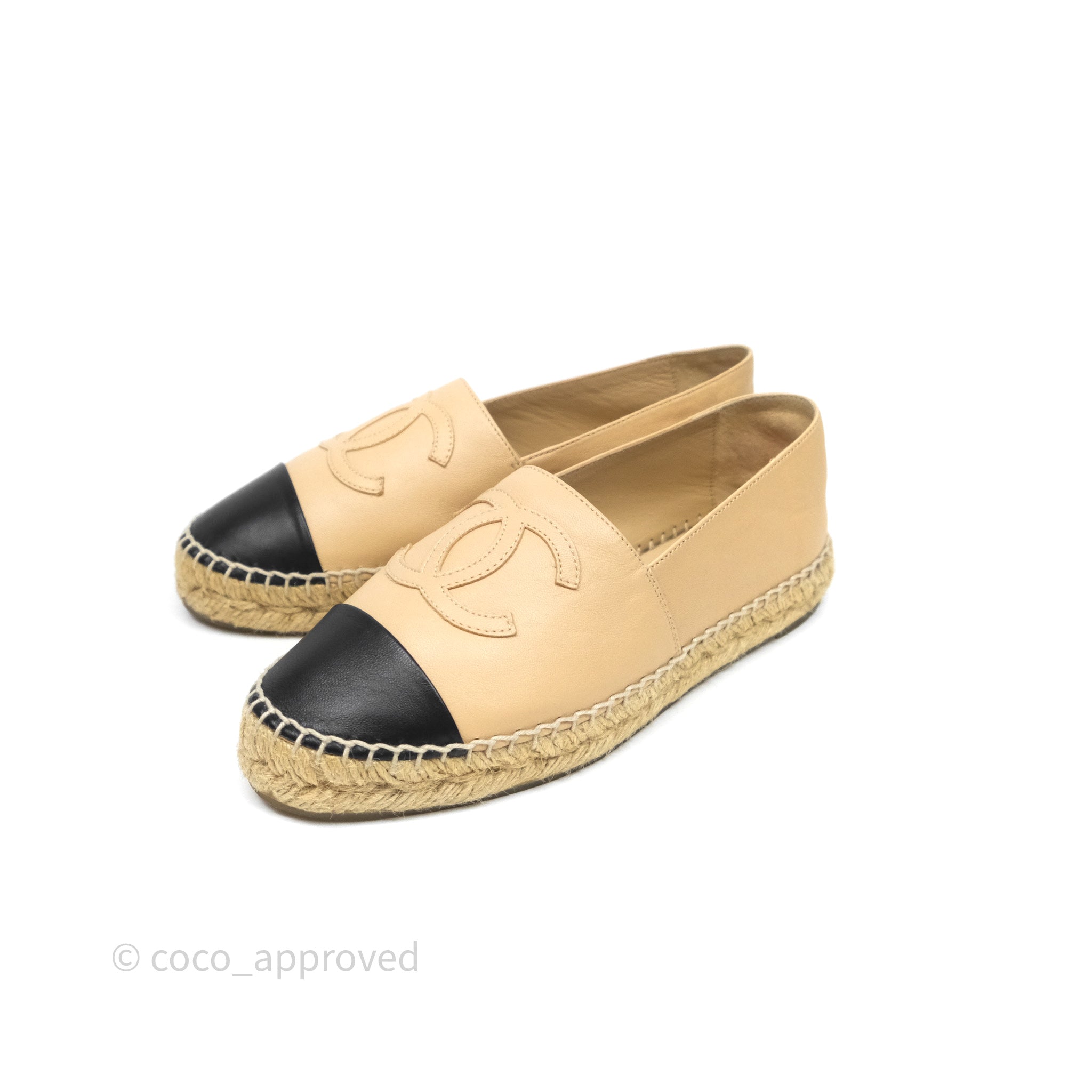 Chanel CC Logo Espadrilles in Beige & Black Lambskin - Women's Size 36 | Comfortable Luxury Flats for Casual Outings & Summer Fashion