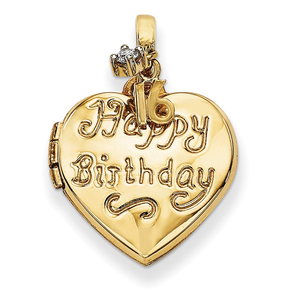 14K Yellow Gold Happy Birthday Charm Pendant with Number 16 & CZ Heart Locket (15x15mm) - Perfect for Birthdays, Graduation Gifts & Jewelry Collections