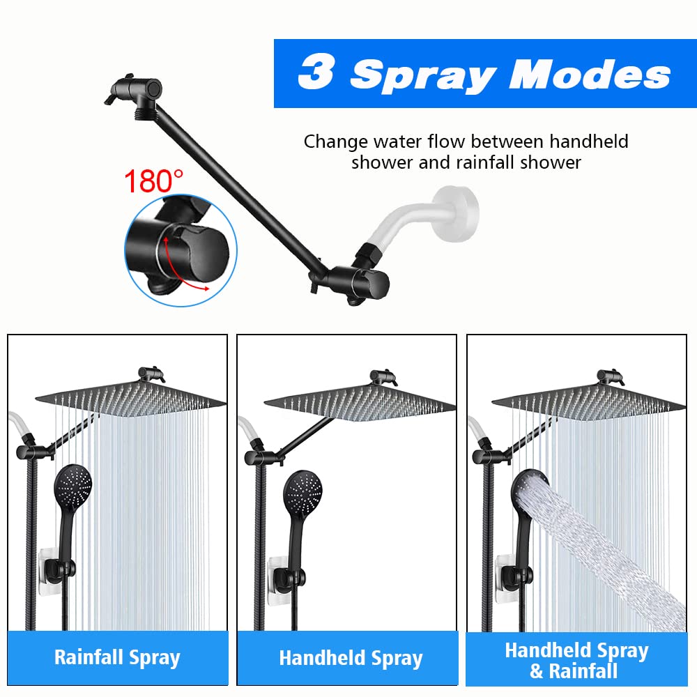 UPGRADED 12 Inch High Pressure Shower Head with Handheld Spray - Black Waterfall Showerhead with Hose, Extension Arm & Hard Water Filter + 4 Hooks - Perfect for Bathroom, Spa-Like Experience & Water Conservation