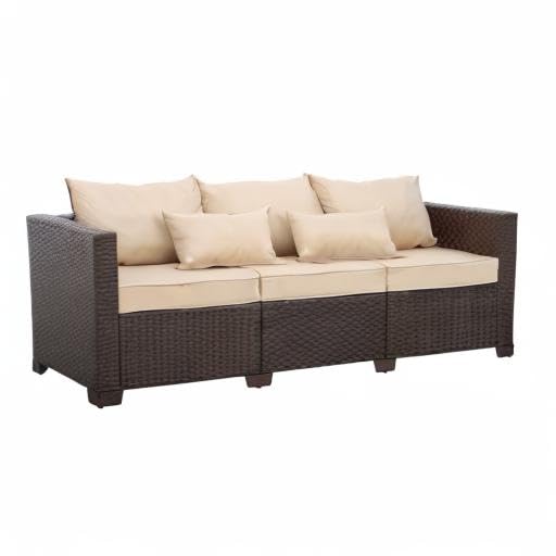 3-Seater Outdoor Patio Sofa - Brown Wicker Deep Seat Couch with High Backrest, Anti-Slip Cushions & Waterproof Cover - Perfect for Garden, Poolside or Backyard Relaxation (Khaki)