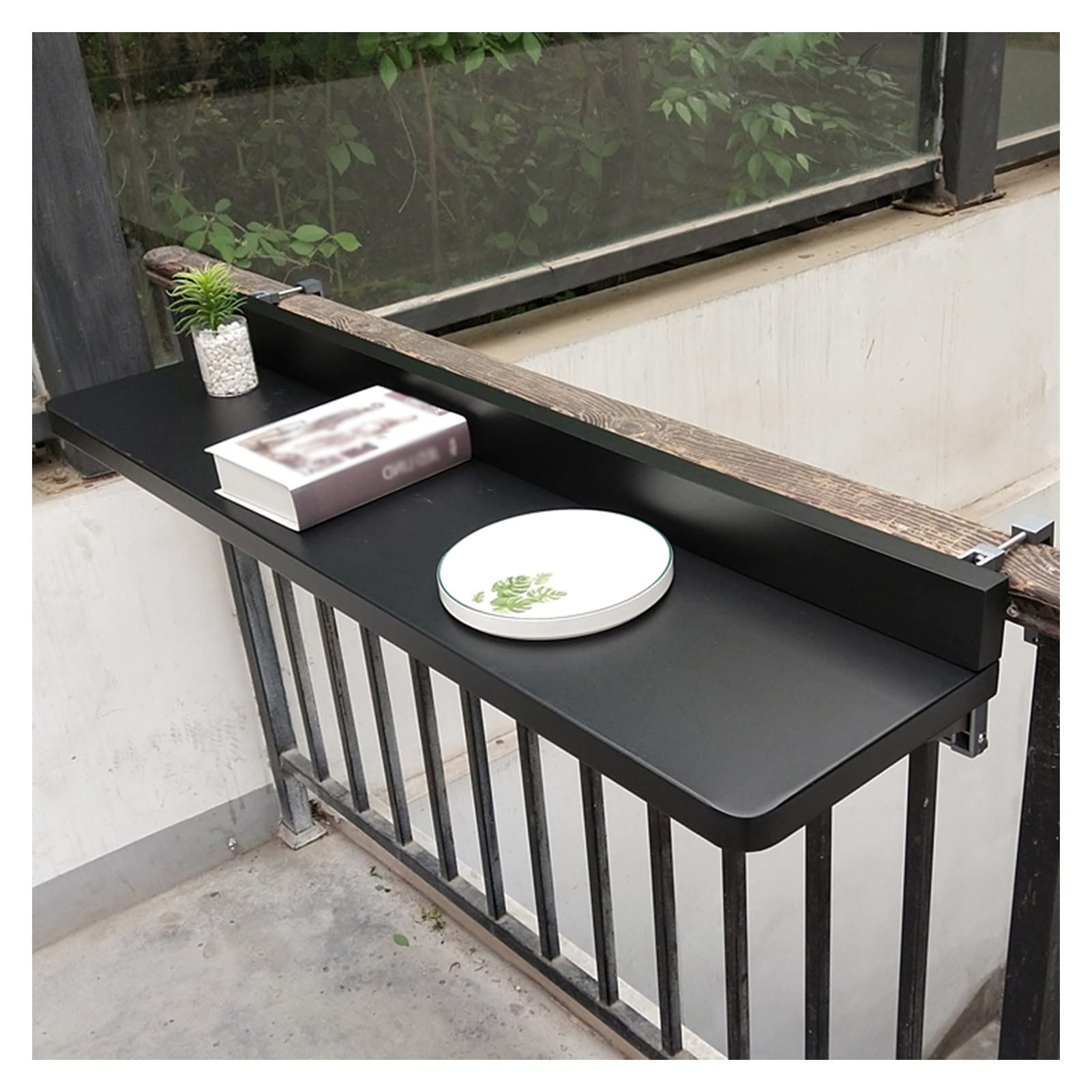 Folding Solid Wood Balcony Hanging Table - Adjustable Height Floating Drop Leaf Desk for Small Spaces - Waterproof Patio Dining Table for Home, Apartment, RV - Black 100x40cm - Perfect for Outdoor Breakfast, Reading & Relaxing