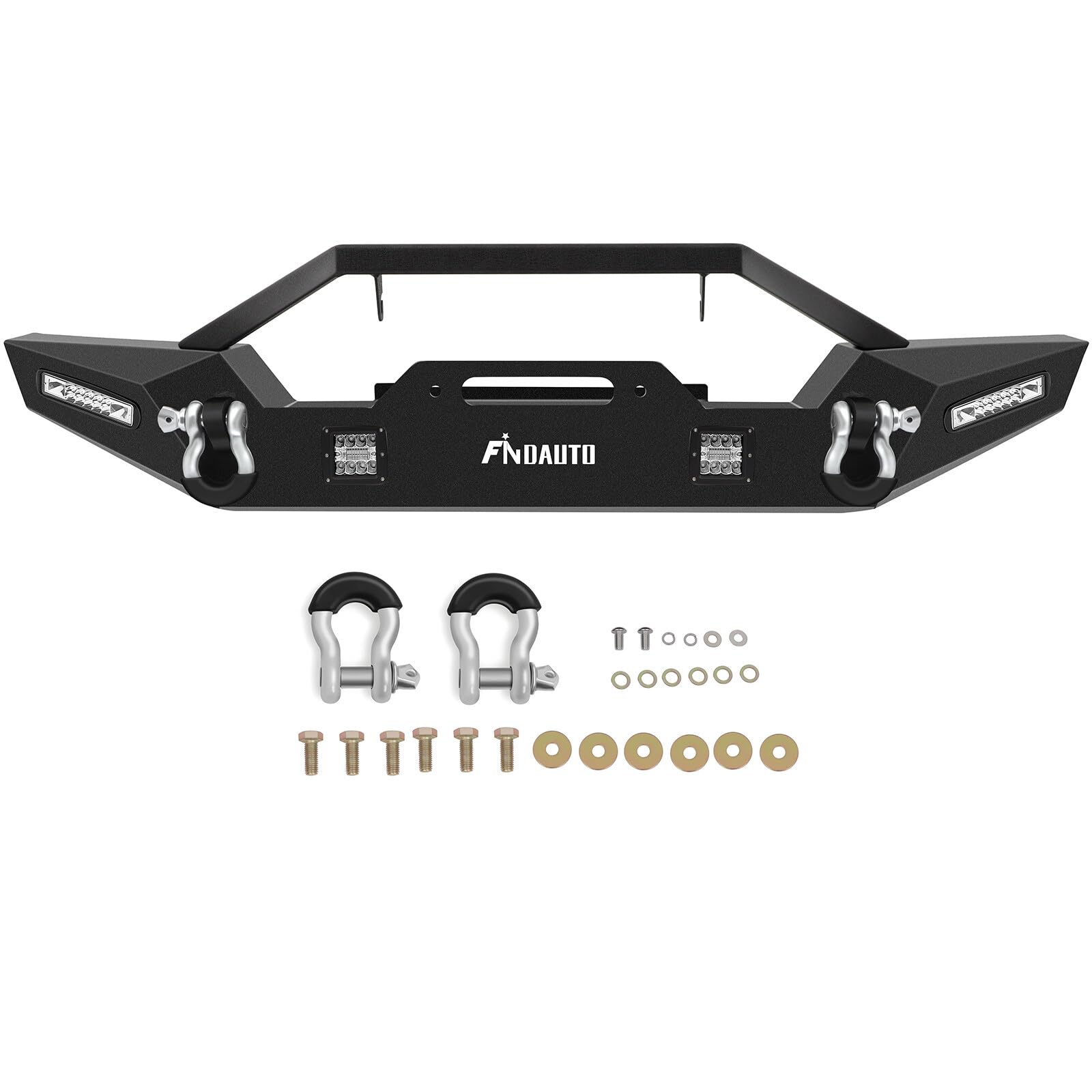 **FINDAUTO Upgraded Textured Black Rock Crawler Front Bumper with D-Ring & Winch Plate & LED Lights - Compatible with 1987-2006 Jeep Wrangler (TJ, YJ) - Perfect for Off-Roading, Rock Crawling & Adventure**