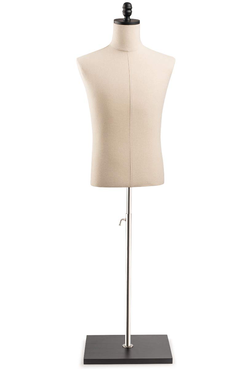 TSC Medium Black Male Dress Form Mannequin - Natural Canvas Fabric on Modern Wooden Square Base | Perfect for Tailors, Fashion Designers & Boutique Displays