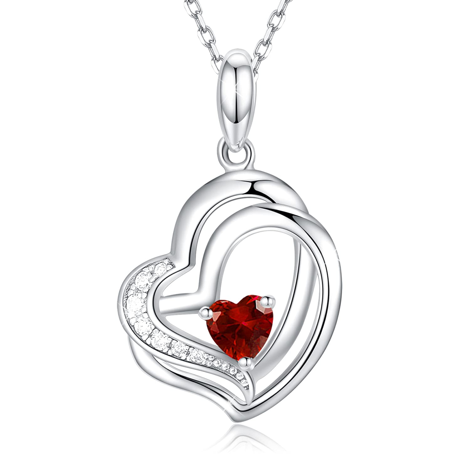 Birthstone Necklace for Women - Sterling Silver CZ Double Heart Pendant Necklace - Mother's Day Gift for Mom, Birthday Gift for Wife, Daughter, Teen Girls - 16