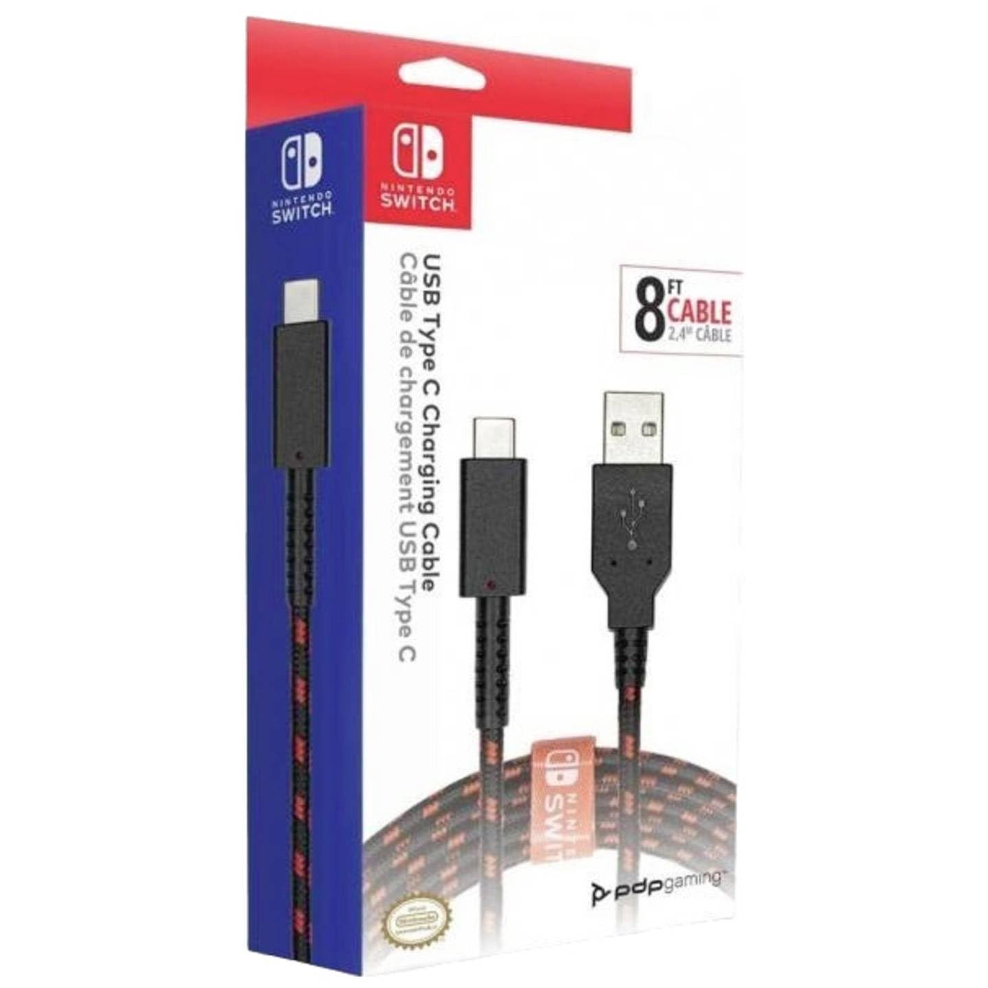 PDP Gaming Charge Cable - 8ft USB C Fast Charging Cord for Nintendo Switch, Android Phones & Tablets - Durable Black/Red Braided Cable for Gaming & Travel