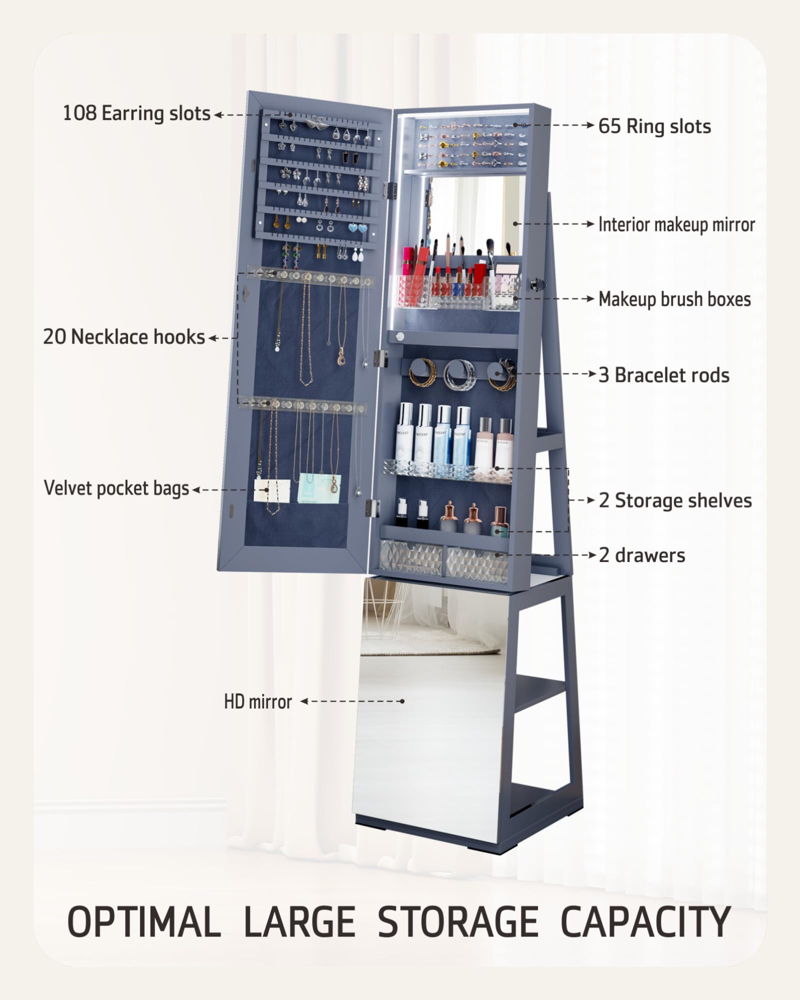 360° Swivel Full-Length Jewelry Cabinet with Mirror & LED Lights - 4-Tier Storage Organizer, Jewelry Armoire with Shelves - Space-Saving Standing Mirror for Bedroom, Closet & Dressing Room (Gray)