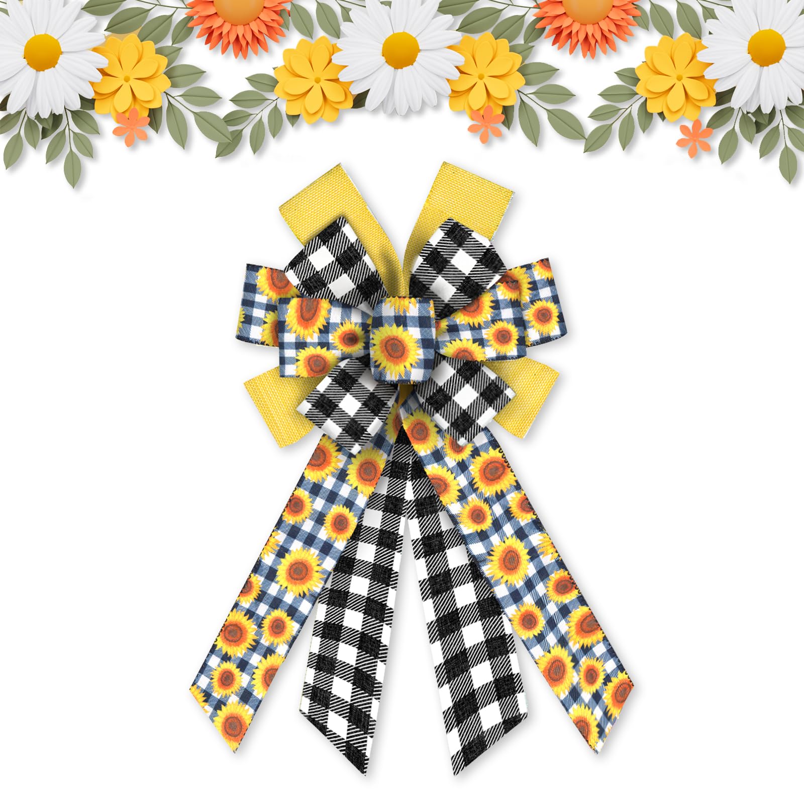 Large Sunflower Wreath Bows - Black White Buffalo Plaid for Farmhouse Door Decor
