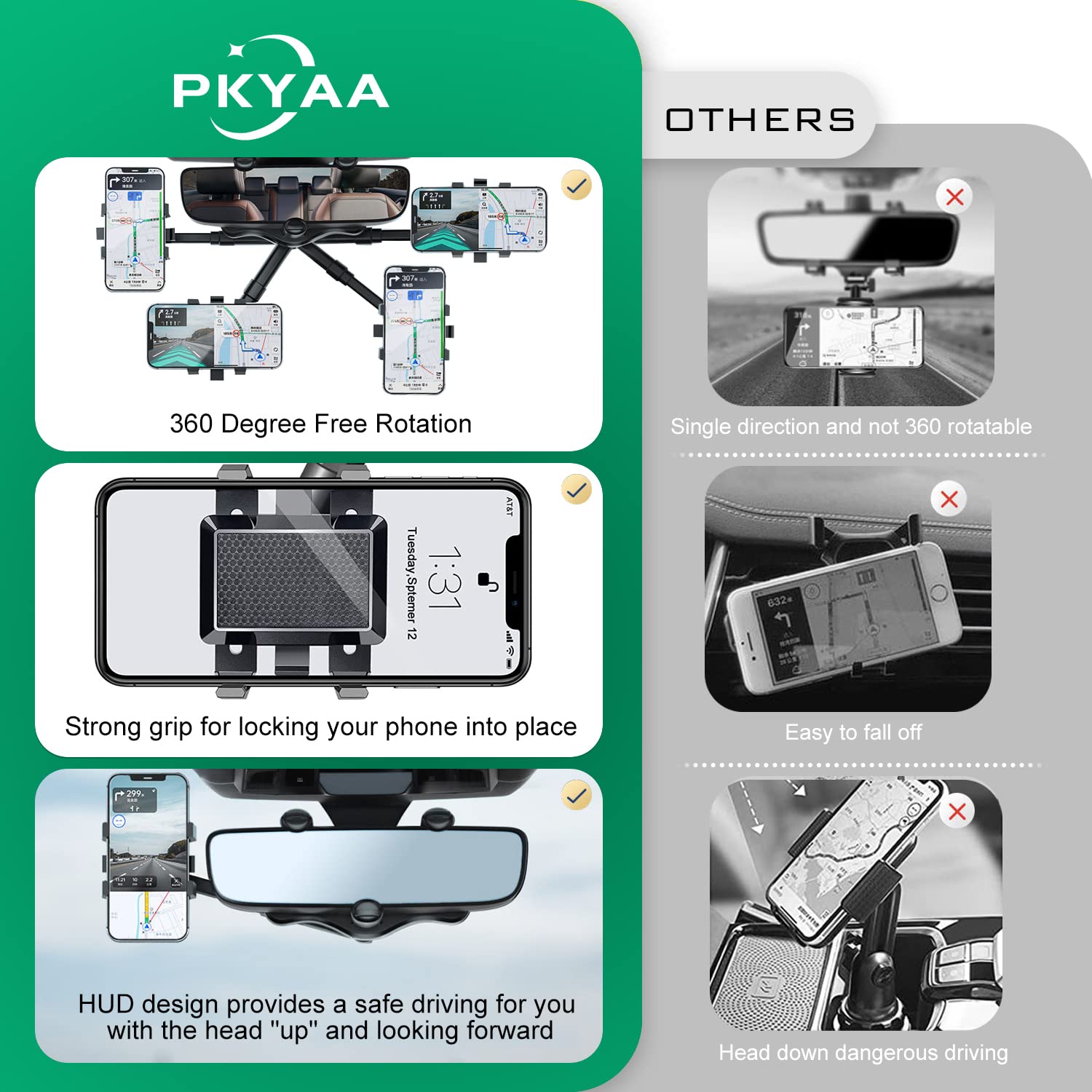 PKYAA 360° Rotating Car Phone Holder for Rearview Mirror - Adjustable Arm Length, Universal Mount Compatible with All Smartphones & GPS Devices - Perfect for Hands-Free Navigation, Rideshare Driving & Road Trips