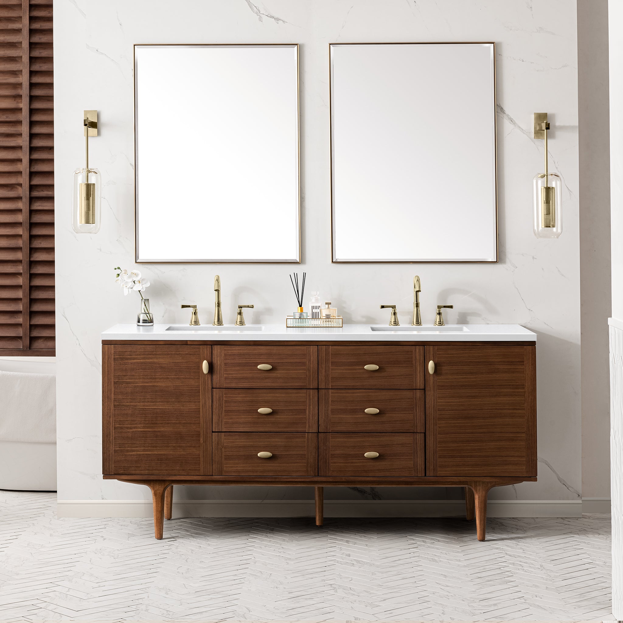 Amberly 72 Inch Double Sink Bathroom Vanity - Mid Century Modern Walnut Finish with 3CM White Zeus Quartz Top - Perfect for Master Bathroom & Guest Bathroom Renovation
