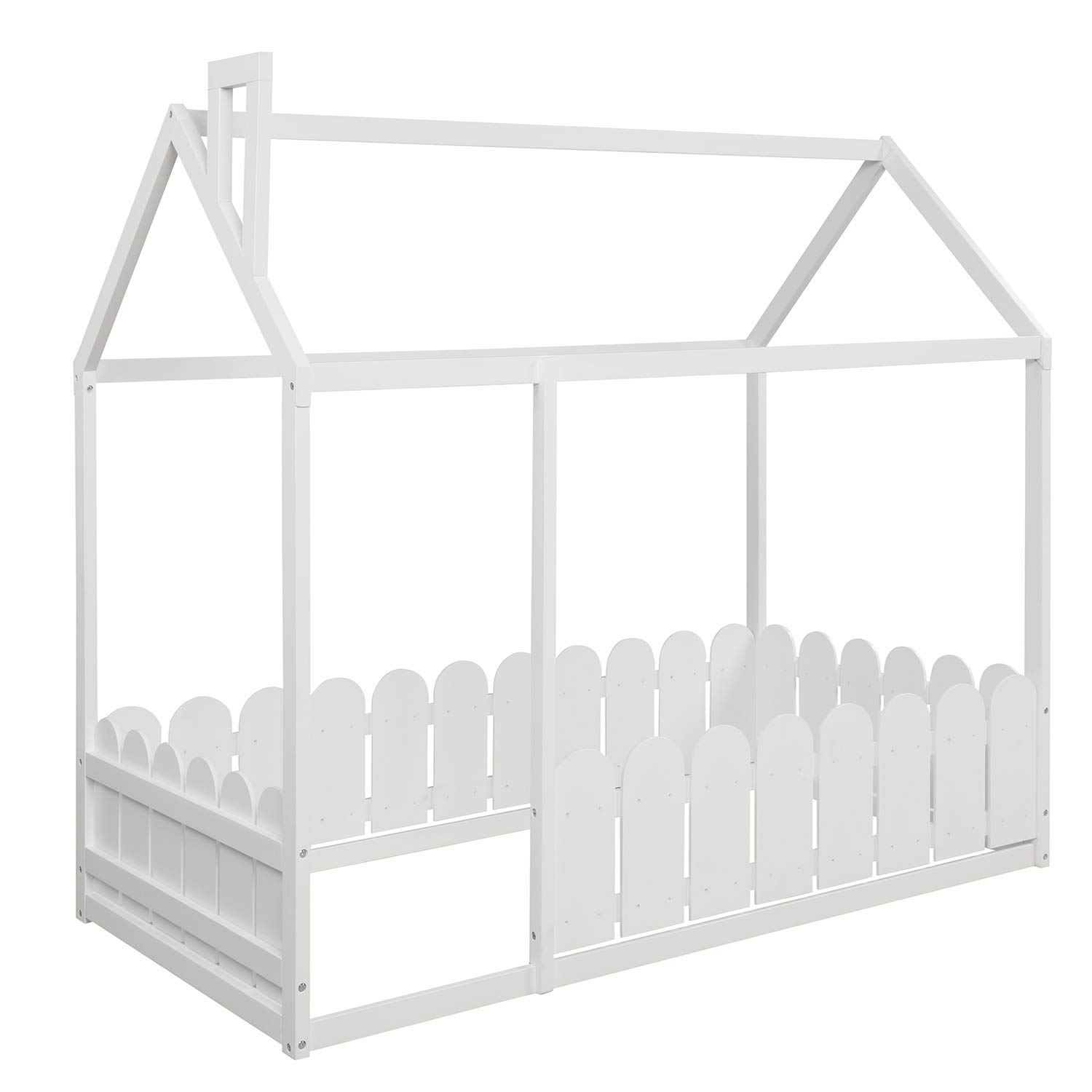 Twin Size Wooden House Bed Frame with Roof and Fence - Playful Cabin Style Floor Bed for Kids, Nursery Furniture & Children's Play Tent (White) - Perfect for Bedrooms, Playrooms & Montessori Learning Spaces