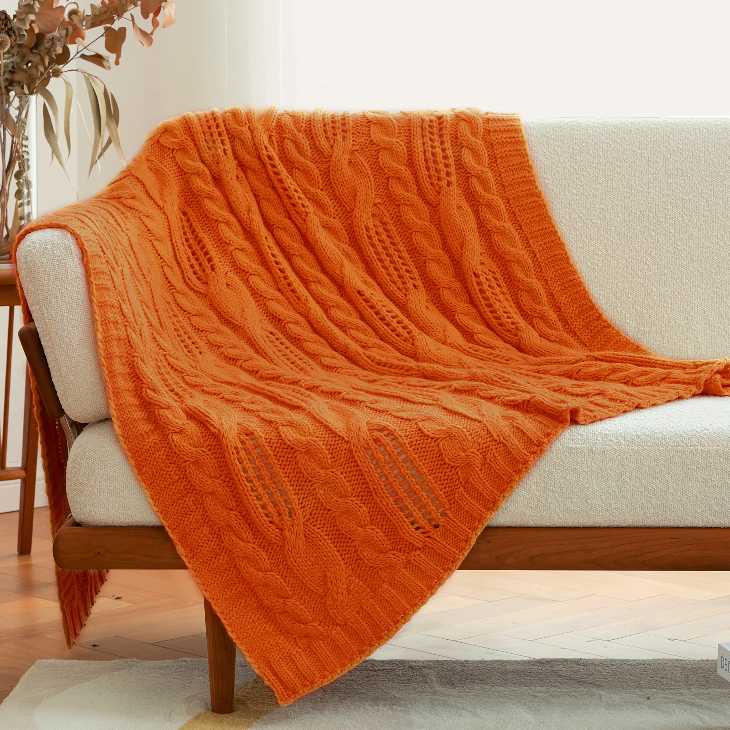 Amélie Home Fall Orange Cable Knit Wool Throw Blanket - Soft, Cozy & Lightweight 50x60 Inch - Perfect for Couch, Sofa, Bed & Winter Decor