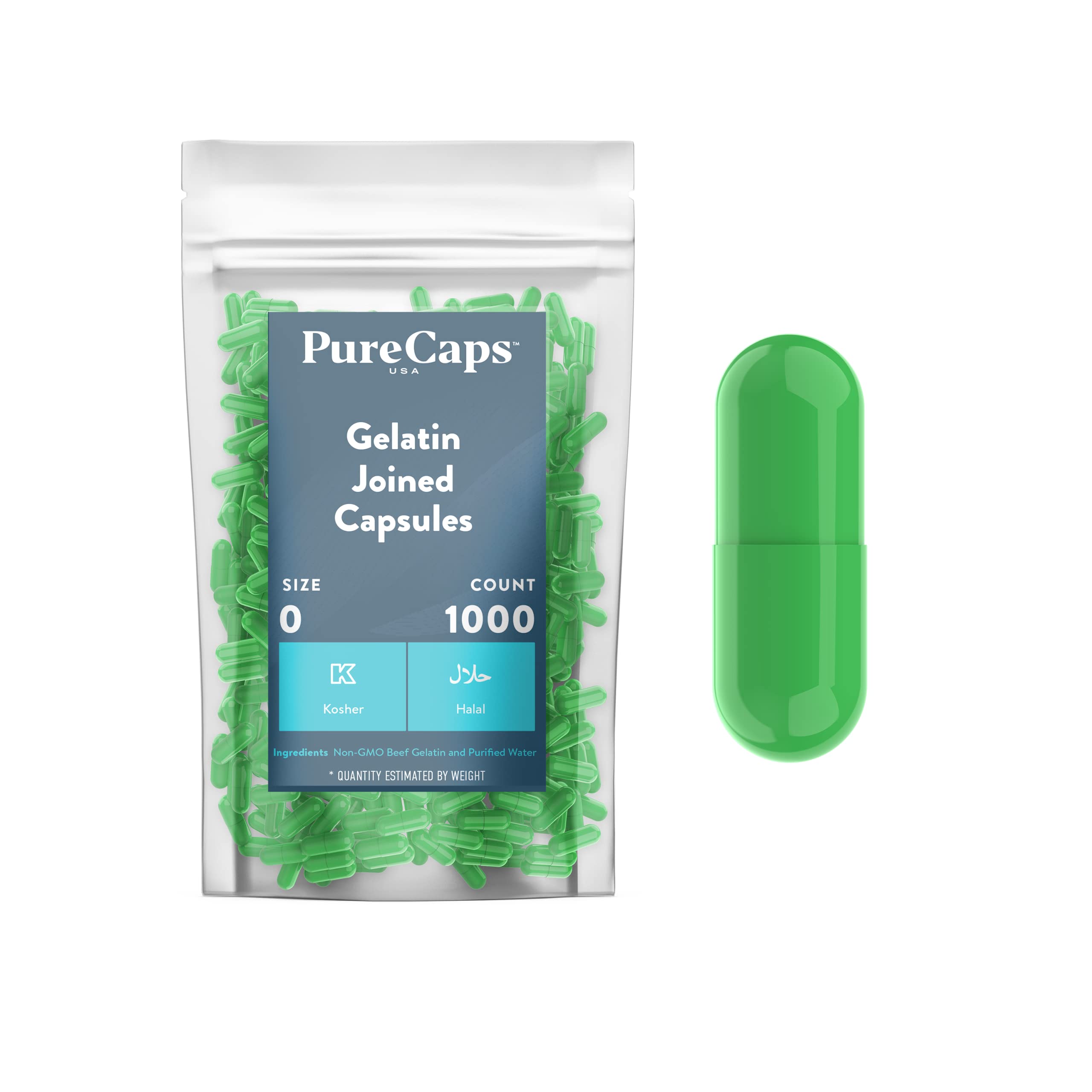 PureCaps USA - Size 0 Empty Gelatin Capsules (1,000 Count) | Apple Green Color | Non-GMO, SLS-Free, Gluten-Free, Preservative-Free | Perfect for DIY Supplements, Herbal Remedies & Vitamin Filling