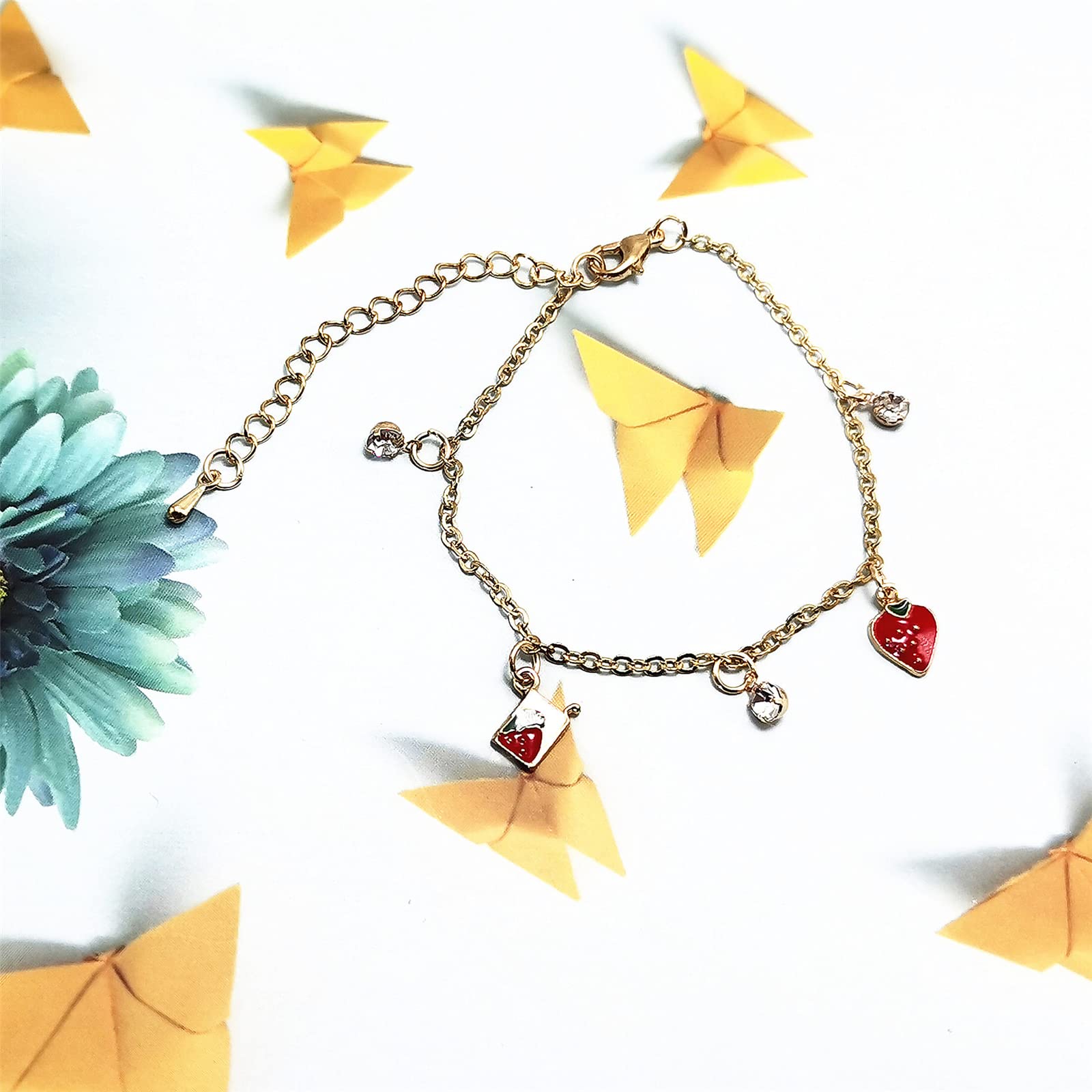 Cute Fruit Bracelets for Women - Gold Plated Strawberry & Cherry Charm Tassel Bracelet with Green Leaves - Trendy Food Chain Jewelry for Casual Wear, Summer Outfits & Gift Giving