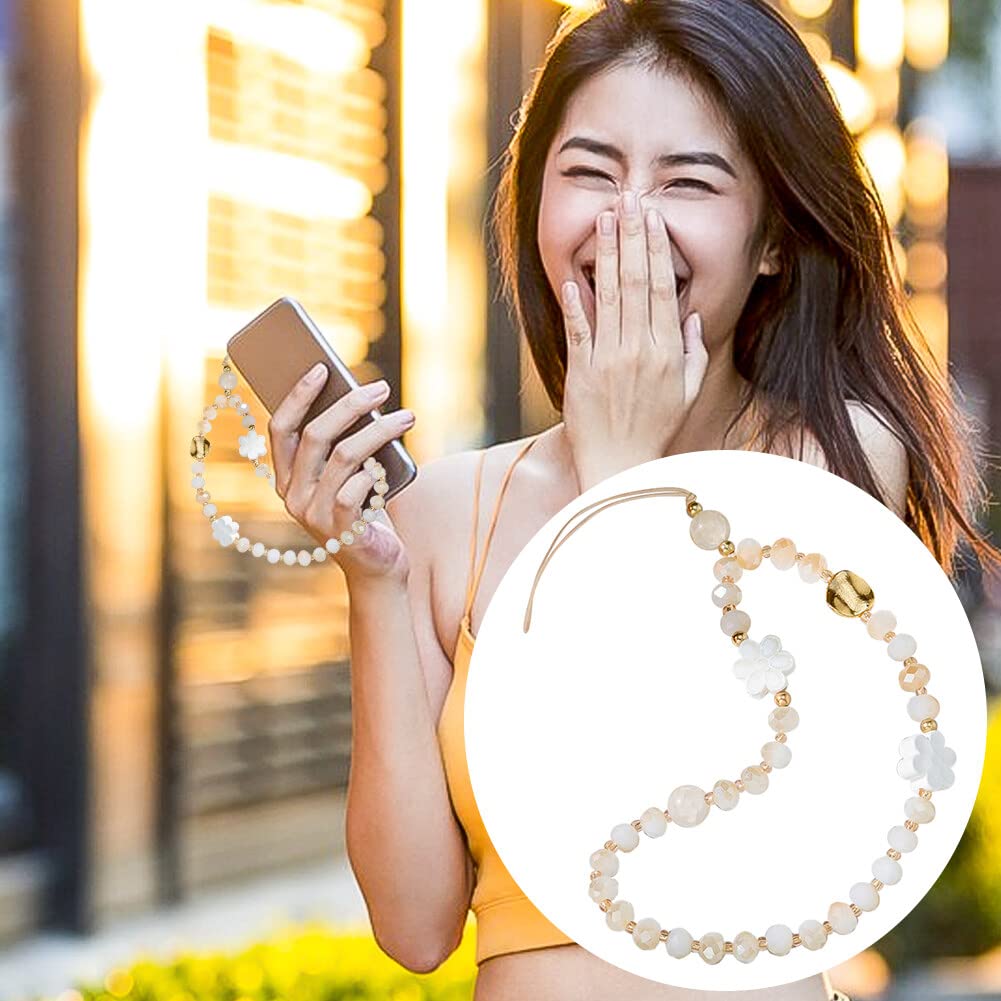 Crystal Beaded Flower Phone Lanyard - Stylish Anti-Lost Wrist Strap for iPhone Samsung - Fashion Phone Charm for Women - Perfect Gift for Her (Beige) | Use Cases: Office ID Badge Holder, Hands-Free Phone Accessory, Gym Workout Essential, Travel Convenience, Everyday Fashion Statement