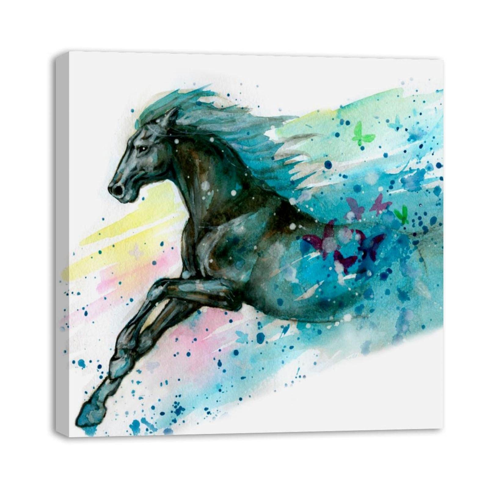 Framed Canvas Wall Art - Watercolor Running Horse Oil Painting Illustration - Home Decor for Living Room, Bedroom, Bathroom & Office - Perfect for Farmhouse, Western & Equestrian Themed Spaces