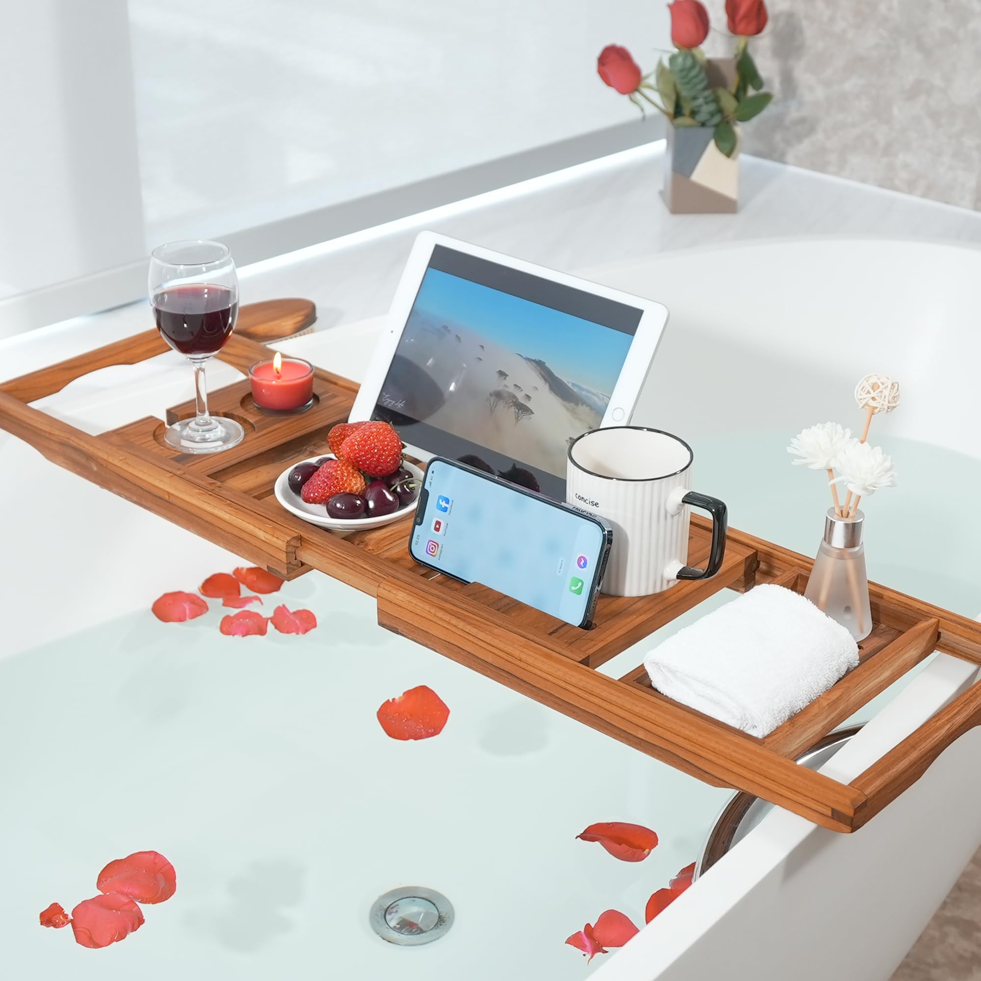 Premium Expandable Teak Bathtub Tray - Luxury Wooden Bath Caddy for Spa Relaxation | Perfect Housewarming, Anniversary & Wedding Gift with Free Teak Body Brush | Bathroom Accessories for Bubble Baths & Wine Nights