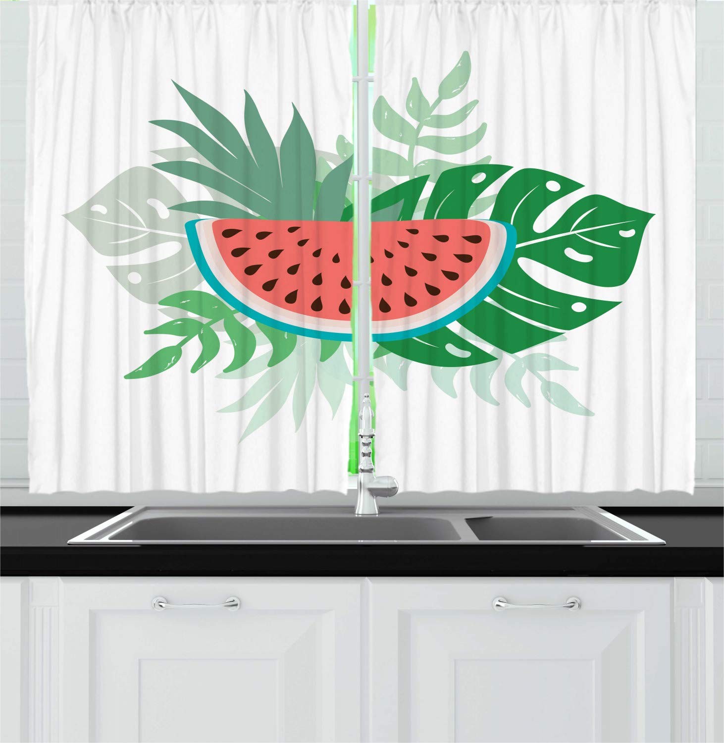 Ambesonne Watermelon Kitchen Curtains - Tropical Fruit Slice & Leaf Design Window Drapes, 2 Panel Set for Kitchen & Cafe Decor, 55