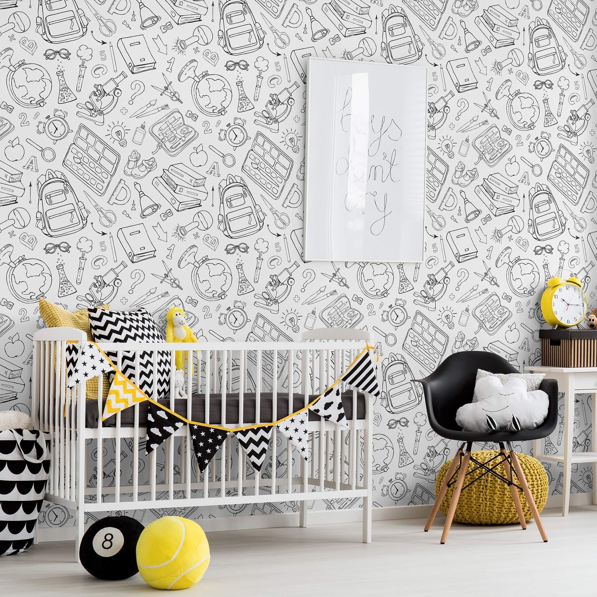 Black and White Peel and Stick Removable Wallpaper for Kids - School Themed Self-Adhesive Decor (Design #9826) - Perfect for Nursery, Classroom, or Playroom Walls