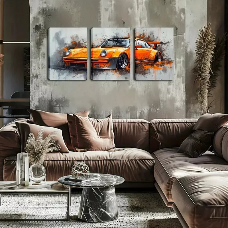 3-Piece Vibrant Orange Sports Car Triptych Wall Art Set - Framed Canvas 40x60cm - High Quality Print - 100% Australian Made - Ready to Hang - Perfect for Man Cave, Garage Decor, Living Room & Office Wall Art