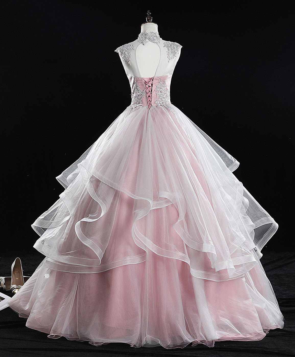 Elegant Pink High Neck Tulle Lace Sweet 16 Dress - Long Prom Gown for Formal Events & Special Occasions | Perfect for Quinceañera, Homecoming, and Evening Parties