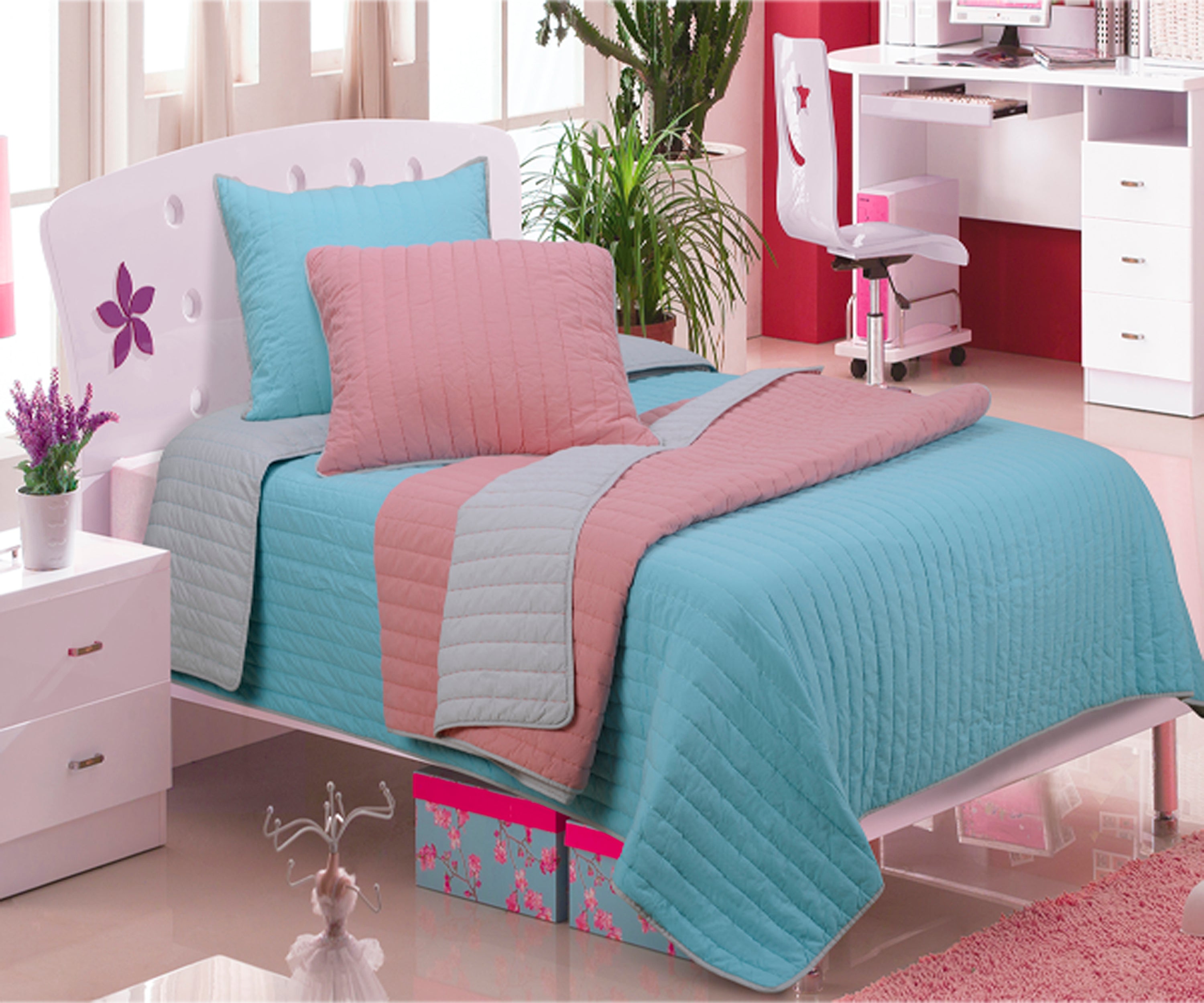 Brandon Cotton Embroidered Reversible Striped Quilt Set - Queen Size Bedding with Matching Pillowcases - Perfect for Guest Rooms, Dorm Decor & Cozy Bedroom Makeovers