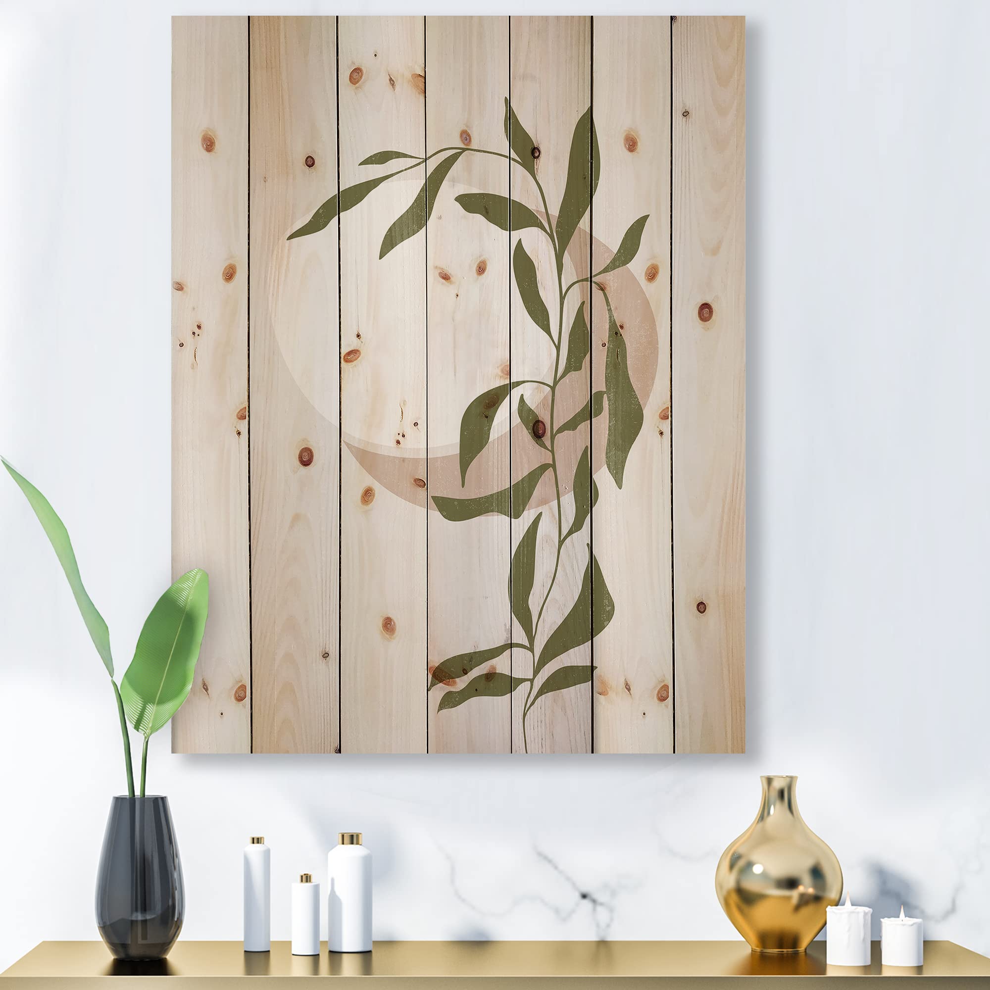Modern Abstract Sun and Moon with Green Leaf Wood Wall Art - Large Contemporary Pine Wood Wall Decor Panels for Living Room, Bedroom & Office