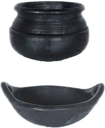 Premium Black Clay Cooking Pot Set - 1L & 2L Earthenware Handi Combo for Traditional Indian & Asian Cuisine | Stovetop & Oven Safe for Slow Cooking, Stews & Biryani