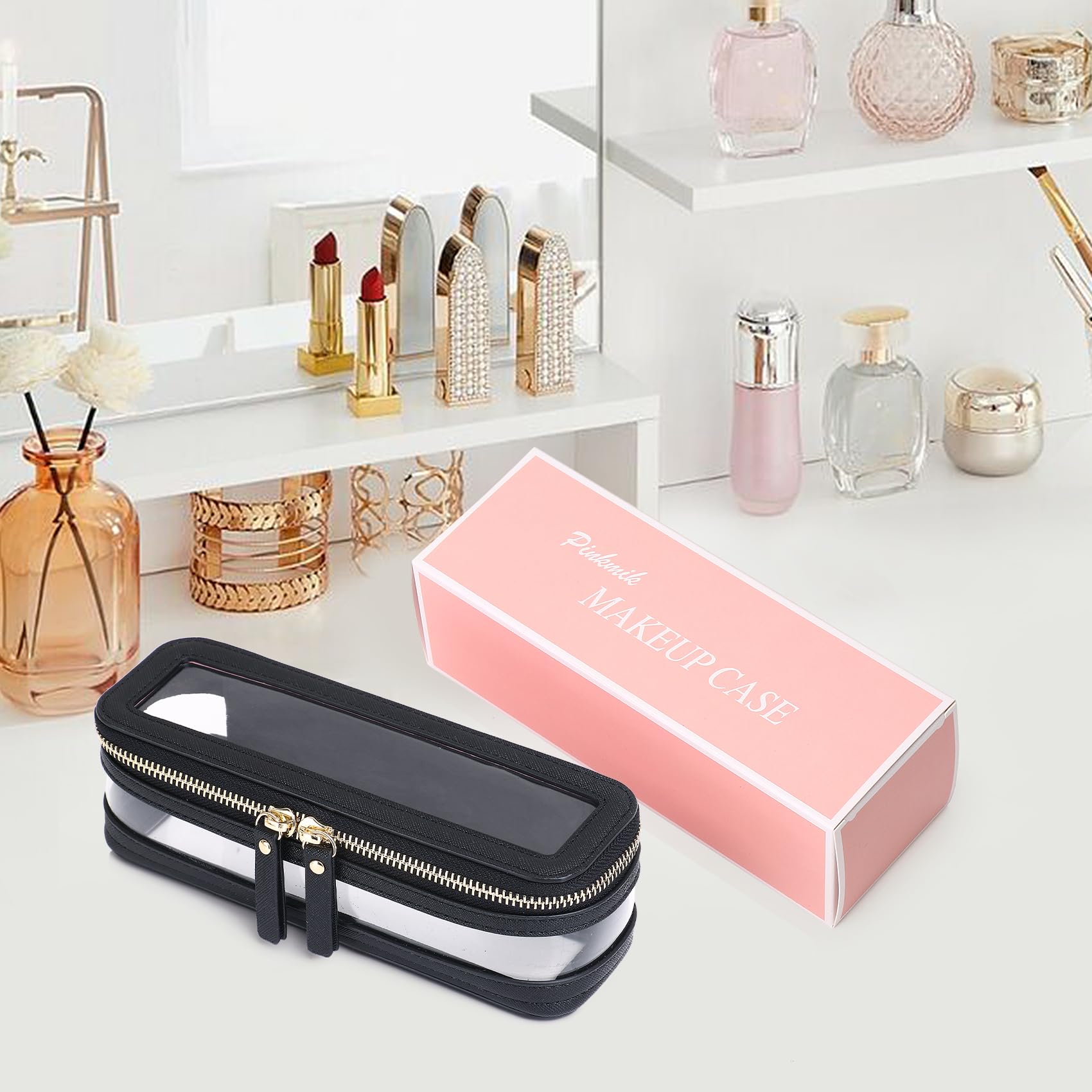 Travel Makeup Brush Case - Slim Clear Zipper Cosmetic Bag for Women | Perfect for On-the-Go & Car Essentials (Black)