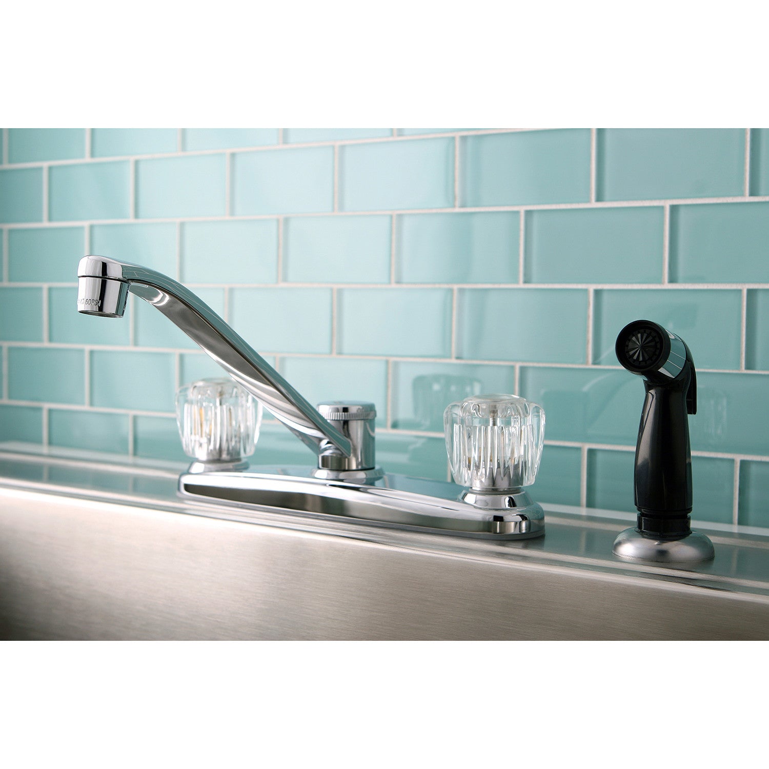 Americana KB112 4-Hole 8-Inch Centerset Kitchen Faucet with Side Sprayer - Two Handle Design in Polished Chrome - Perfect for Modern Kitchens and Dishwashing Tasks