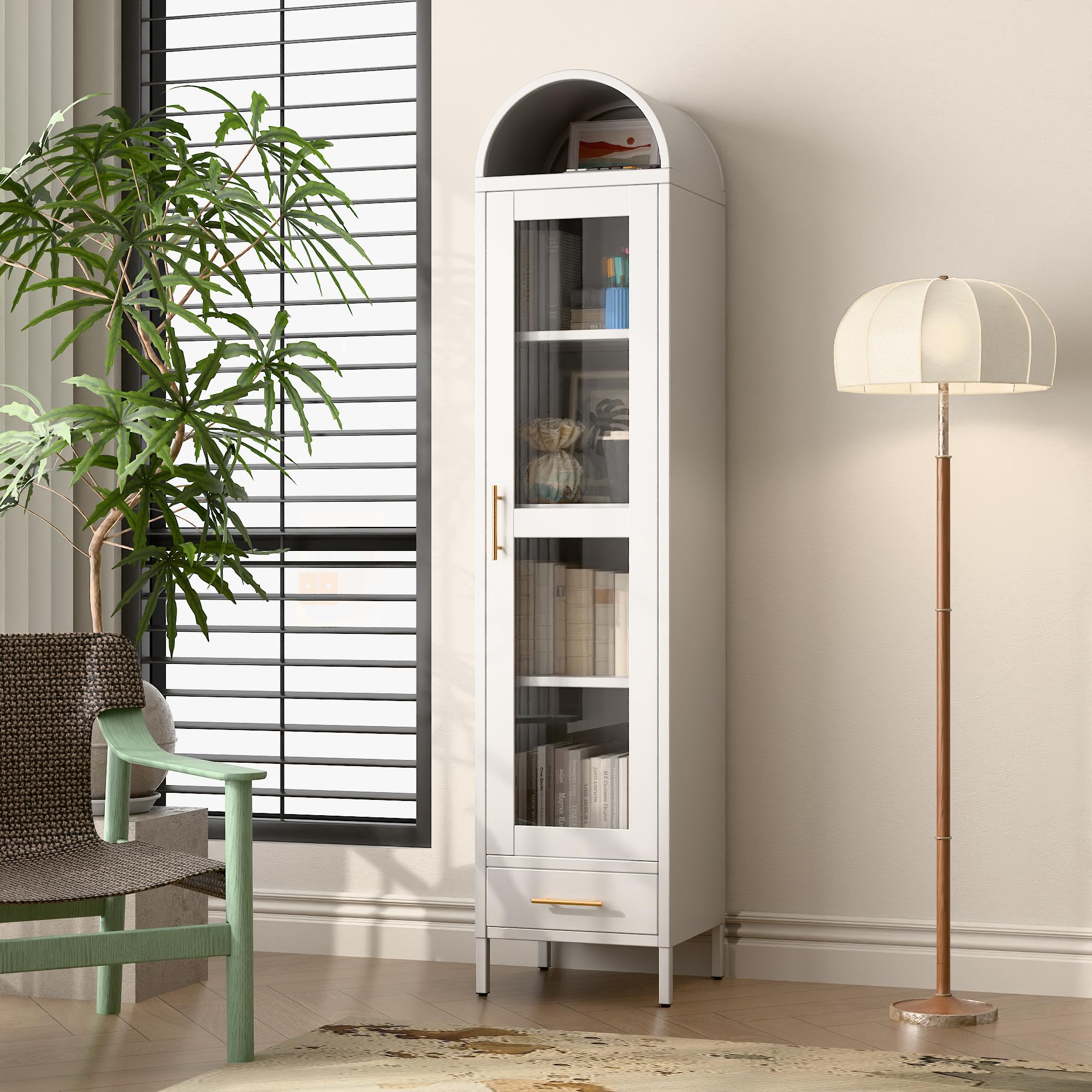 METAN White Metal Arched Storage Cabinet with Glass Door, Drawer & 3 Adjustable Shelves - Modern Bookshelf for Living Room, Kitchen, Pantry | Perfect for Home Organization & Displaying Decor Items
