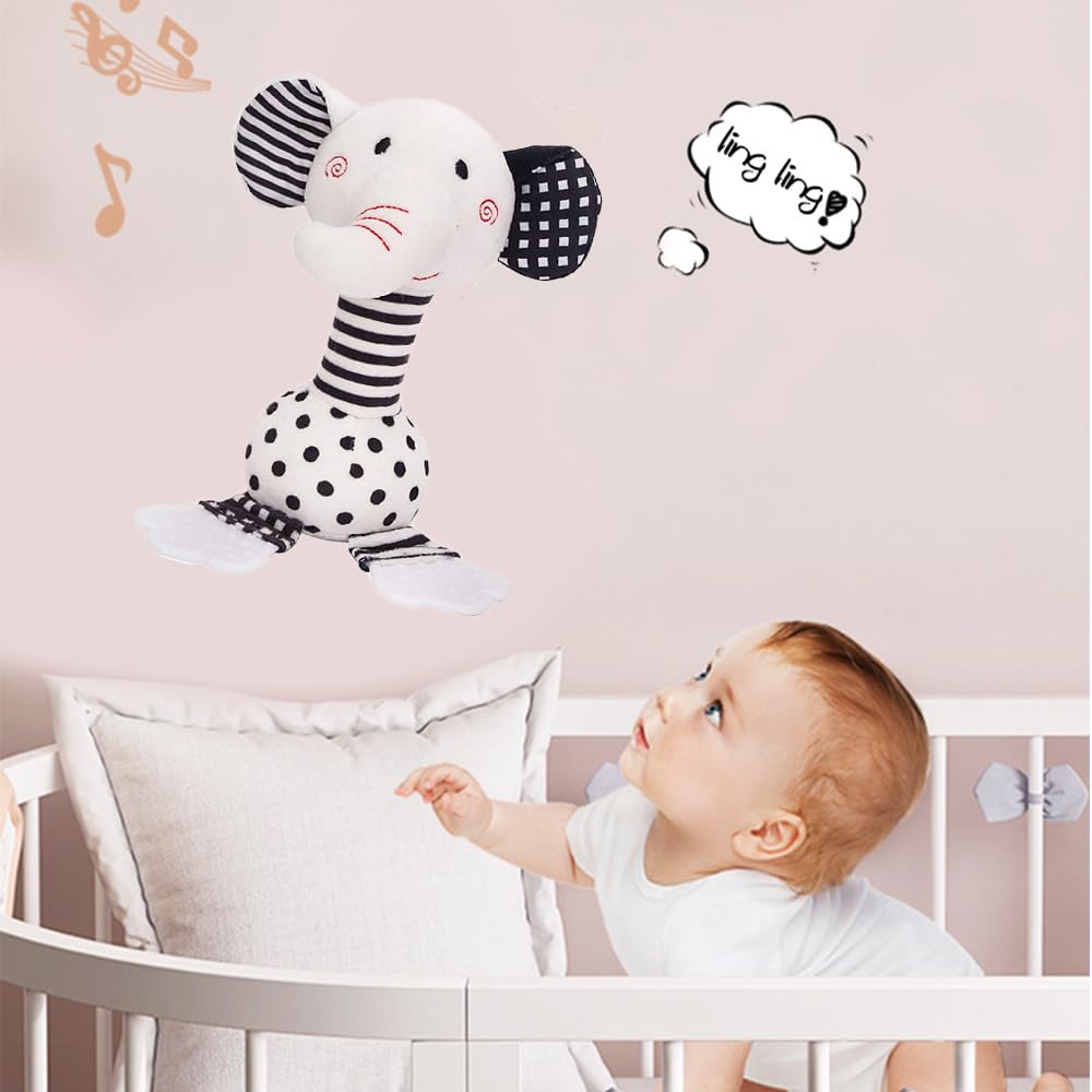 Soft Plush Elephant Rattle Toy with Teether & Sound - Black & White Developmental Baby Toys 0-12 Months for Newborns - Perfect for Tummy Time, Sensory Play & Early Learning