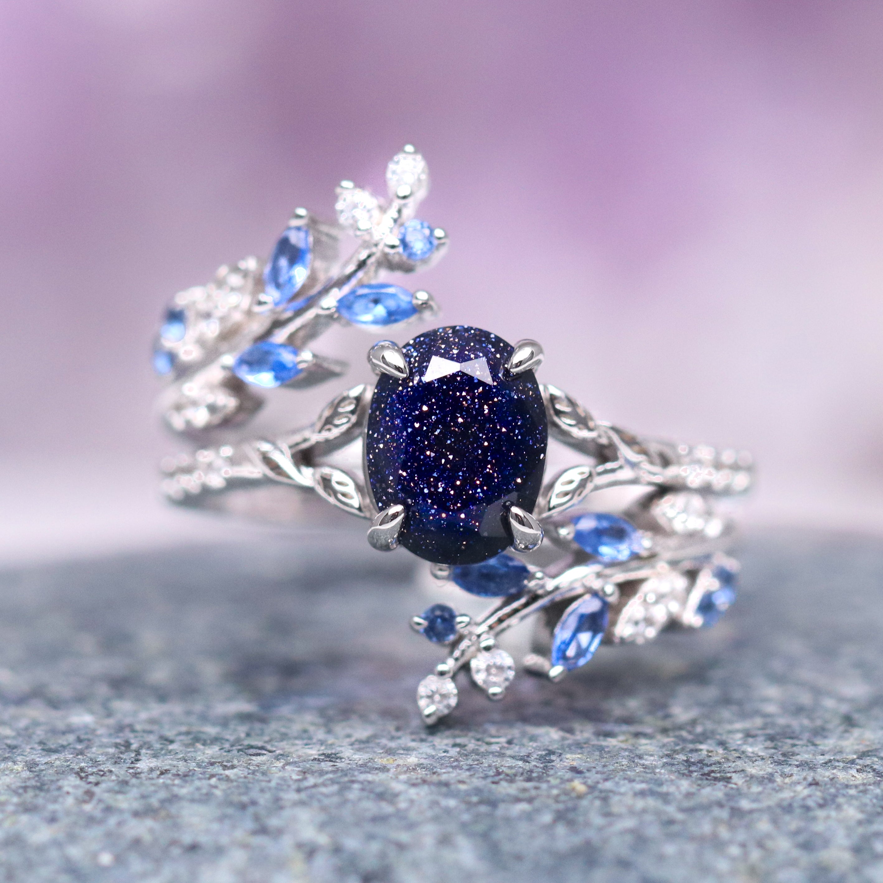 14K White Gold Starry Night & Sapphire Leaf Ring Set - Elegant Jewelry for Women, Perfect Gift for Anniversary, Wedding, Birthday & Special Occasions