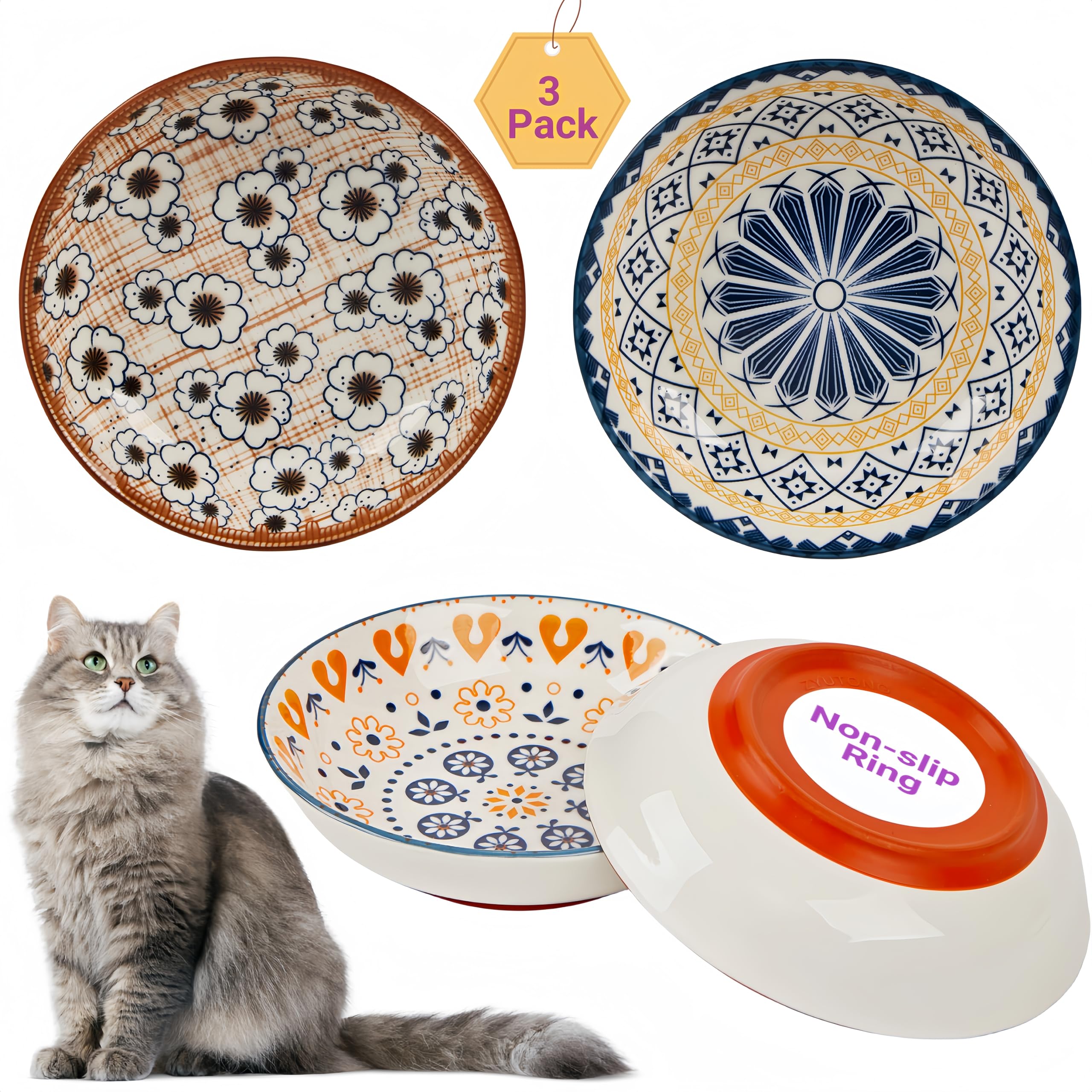 3-Pack Ceramic Cat Food Bowls with Non-Slip Silicone Base - 5.5