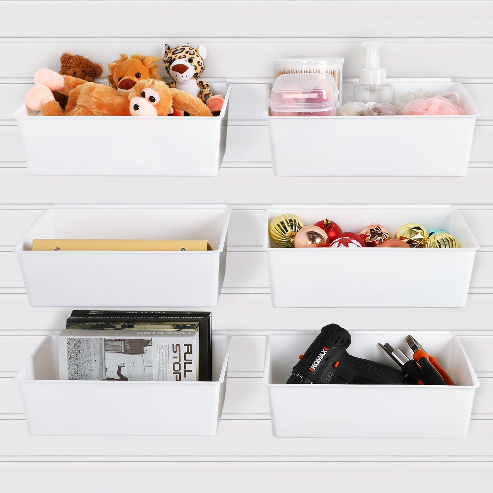 6 Pack Large Slat Wall Bins - PVC Slatwall Containers, Stackable Plastic Storage Bins & Baskets for Garage, Hardware & Tool Organization - 13 x 9.7 x 4.3 Inches (White) - Perfect for Workshop, Retail Display & Home Storage Solutions