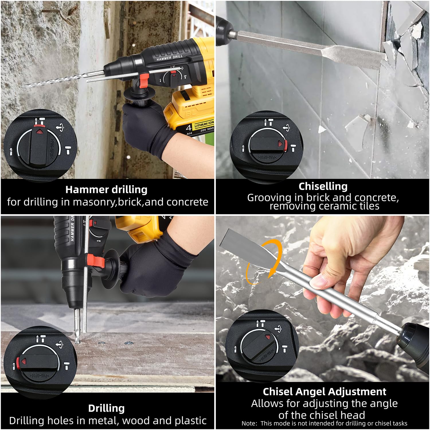 **20V MAX SDS Rotary Hammer Drill - Compatible with Dewalt Batteries (Battery Not Included) - Heavy Duty Safety Clutch, 4 Functions & 5 Drill Bits for Concrete, Masonry, Wood, Metal - Ideal for Construction, Renovation & DIY Projects**
