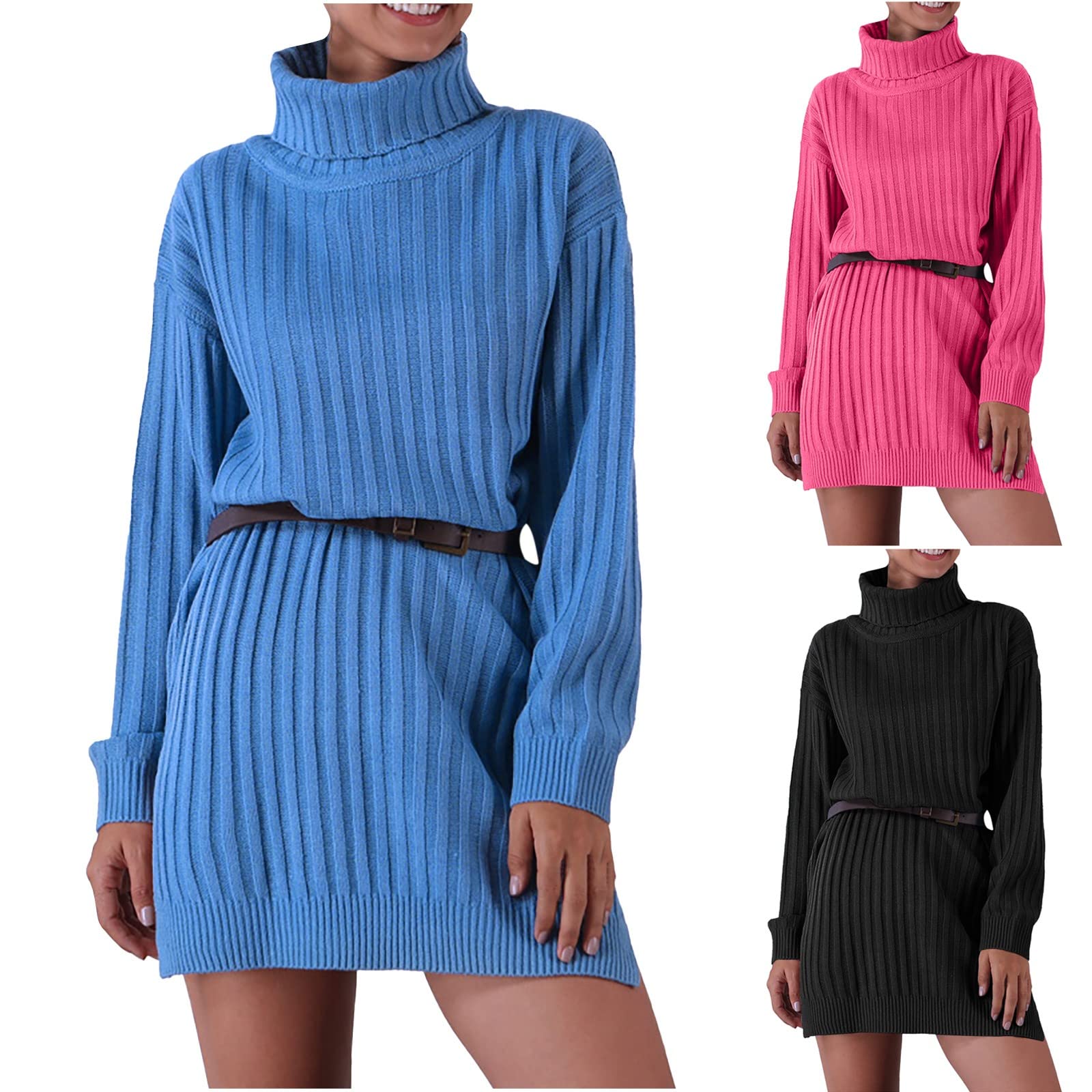 Women's Oversized Ribbed Knit Turtleneck T-Shirt Dress with Long Balloon Sleeves - Cozy Pullover Sweater Mini Shift Dress for Casual Wear, Office Outfits & Winter Layering