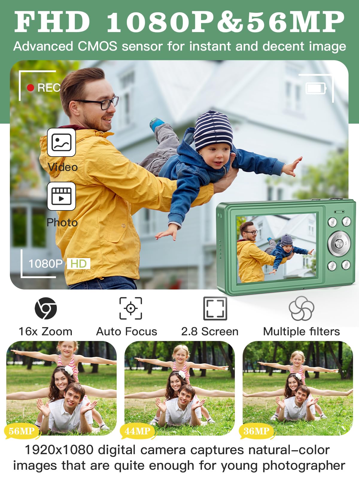 56MP FHD 1080P Kids Digital Camera with 16x Zoom & Anti-Shake - 32GB TF Card, 2 Batteries, Lanyard Included - Compact Portable Camera for Boys & Girls (Green) - Perfect for Travel, Birthday Gifts & First Photography Lessons