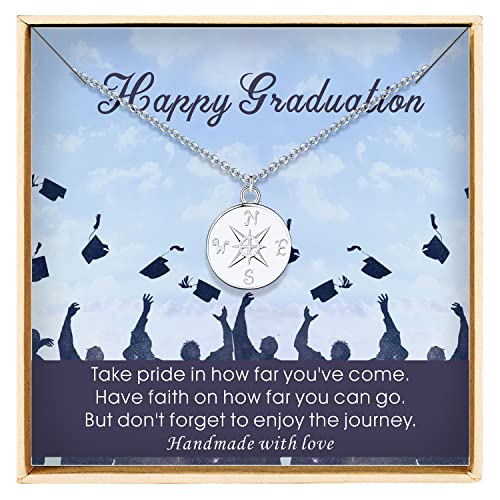 TinyGold Graduation Necklace for Women & Men - Handmade Sterling Silver Compass Jewelry Gift with Congrats Card - Class of 2022 Inspirational Present - Perfect for College Grads, Friends & Loved Ones (Ideal for Graduation Ceremonies, Birthday Gifts & Special Occasions)