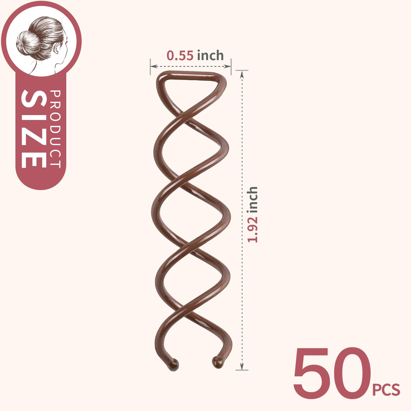 FANDAMEI 50PC Spiral Hair Pins Set - Non-Scratch Round Hair Clips for Women, Girls & Kids - Secure Bun & Twist Hairstyles - Brown Hair Accessories for Everyday, Work & Special Occasions