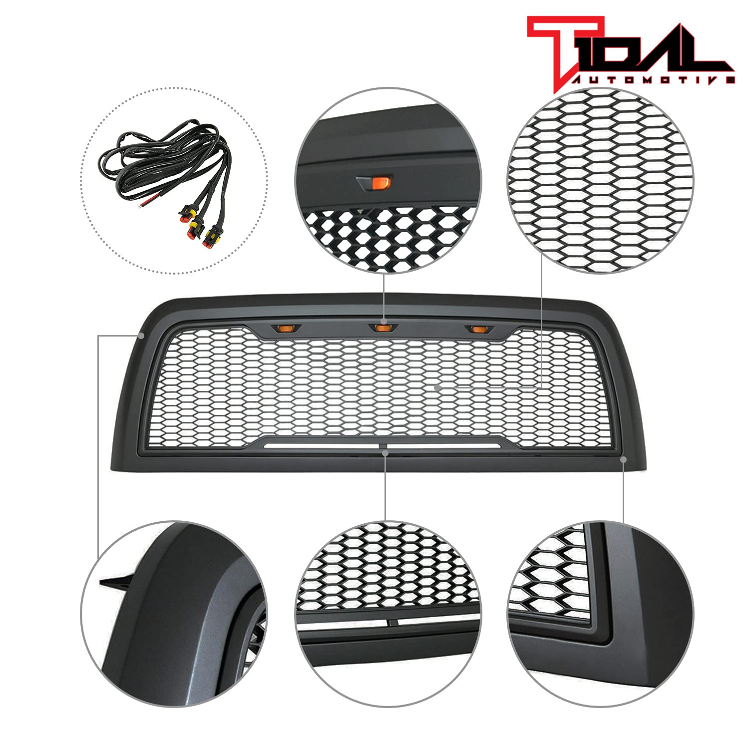 2013-2018 Ram 2500/3500 Black Replacement Grille with Amber LED Lights - Heavy Duty Truck Front Hood Grill Upgrade for Off-Road & Customization