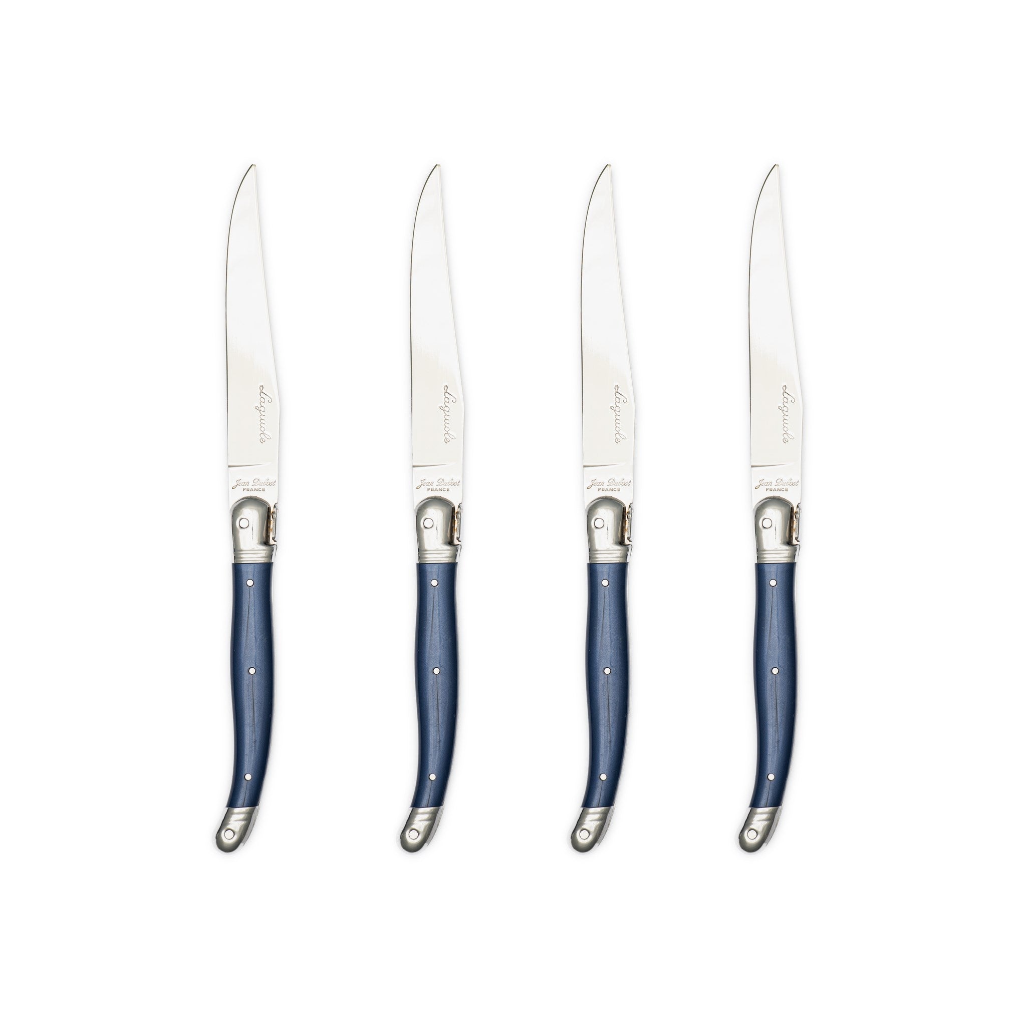Premium Laguiole Jean Dubost 4-Piece Steak Knife Set - Smooth Dark Blue Handcrafted French Cutlery for Fine Dining & BBQ Parties