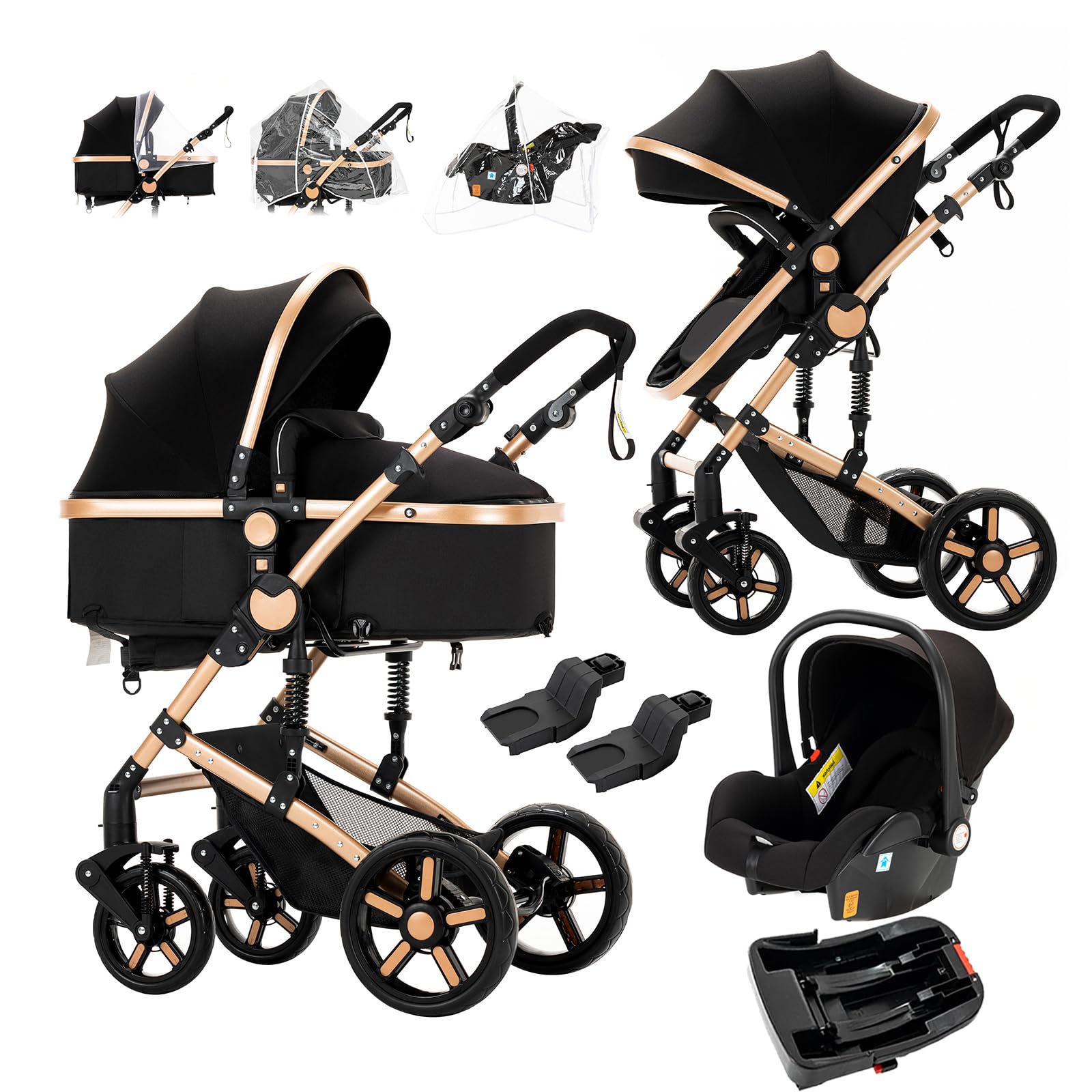 3 in 1 Baby Travel System - Reversible Luxury Stroller & Foldable Pram for Newborn to Toddler | UD588-BLACKGOLD with Base | Perfect for Shopping, Travel & Daily Walks